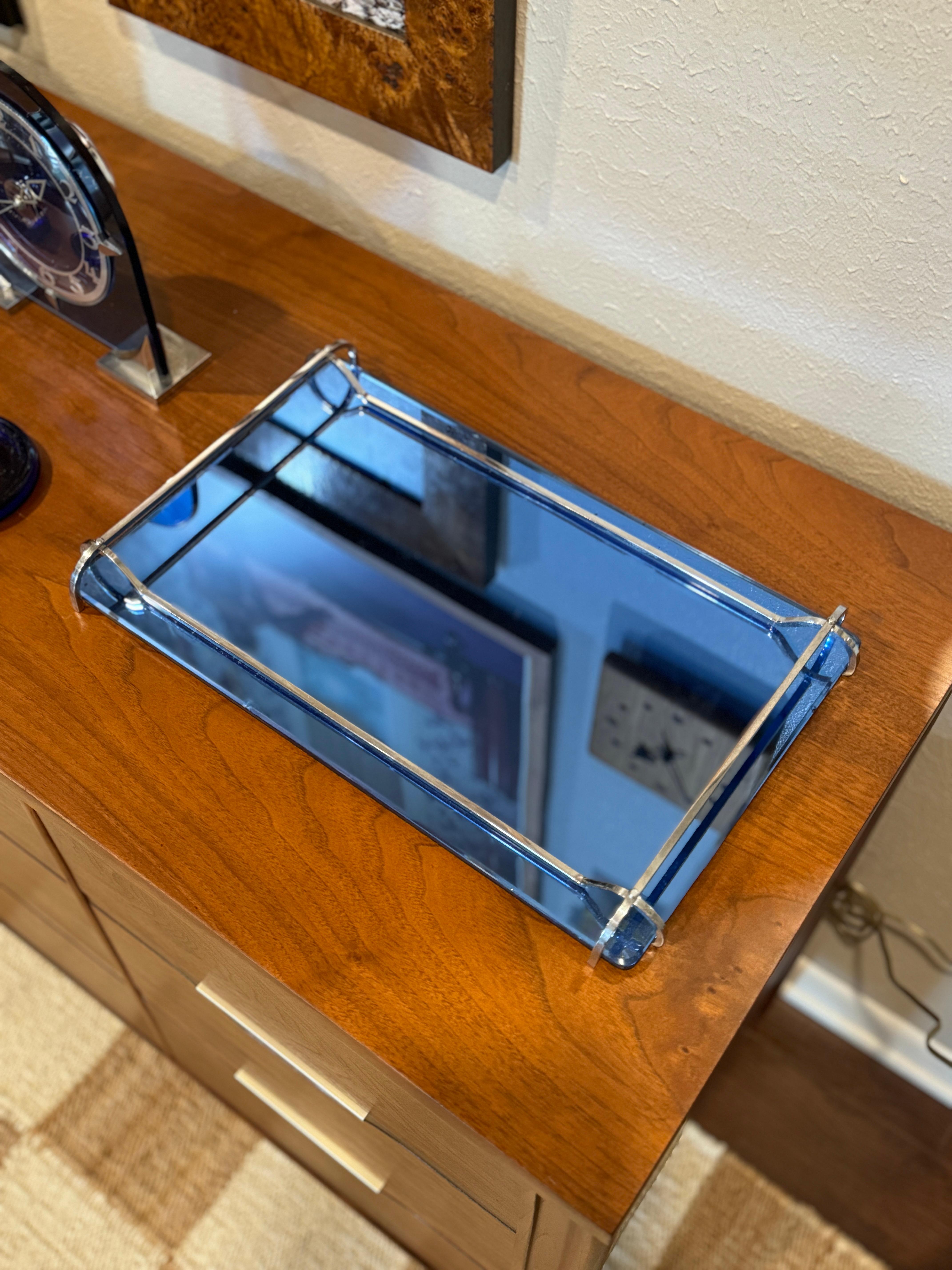 Mid-20th Century Rare Art Deco cobalt blue mirror glass tray with steel handles, circa 1930s