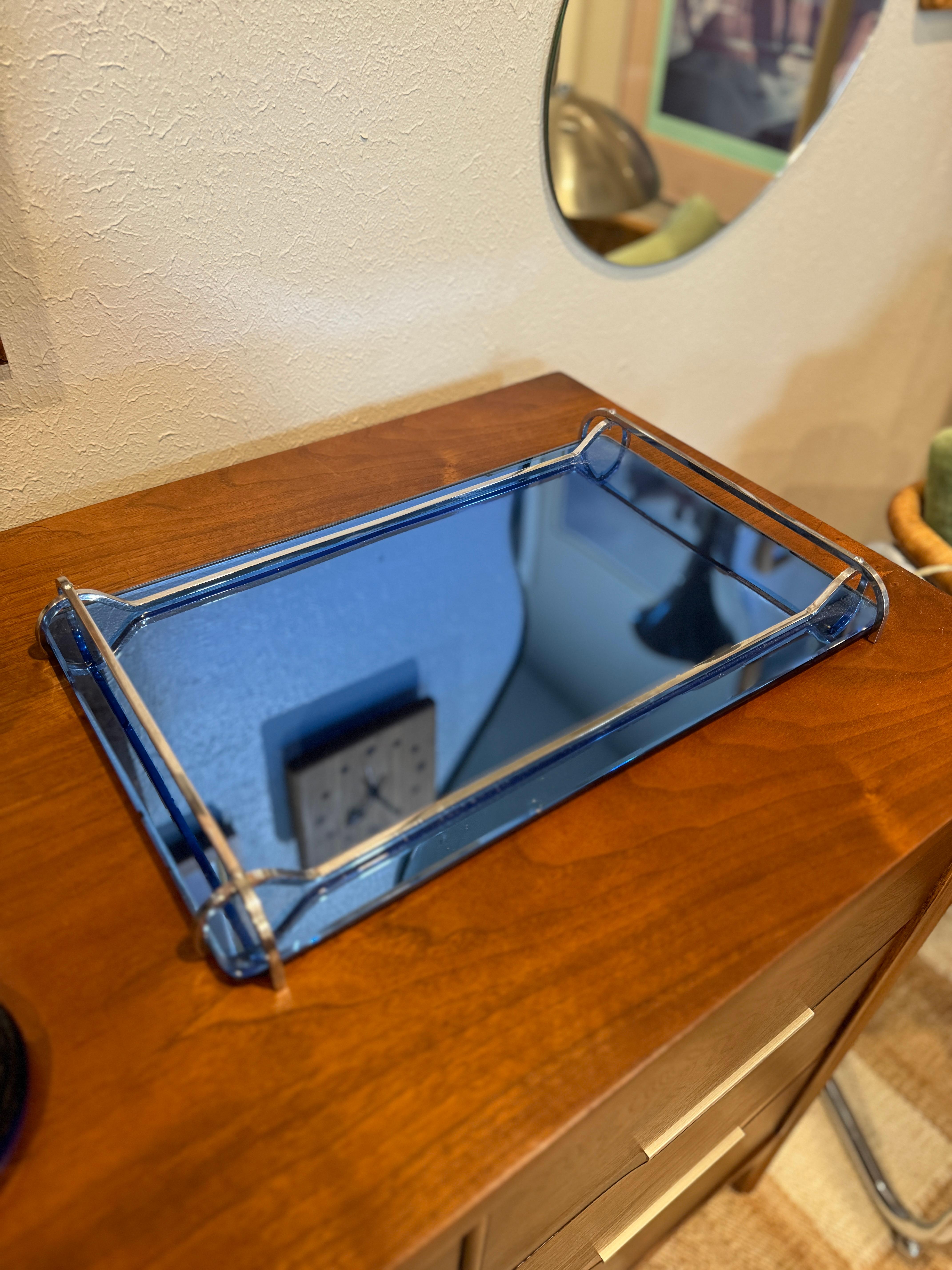 Rare Art Deco cobalt blue mirror glass tray with steel handles, circa 1930s 1
