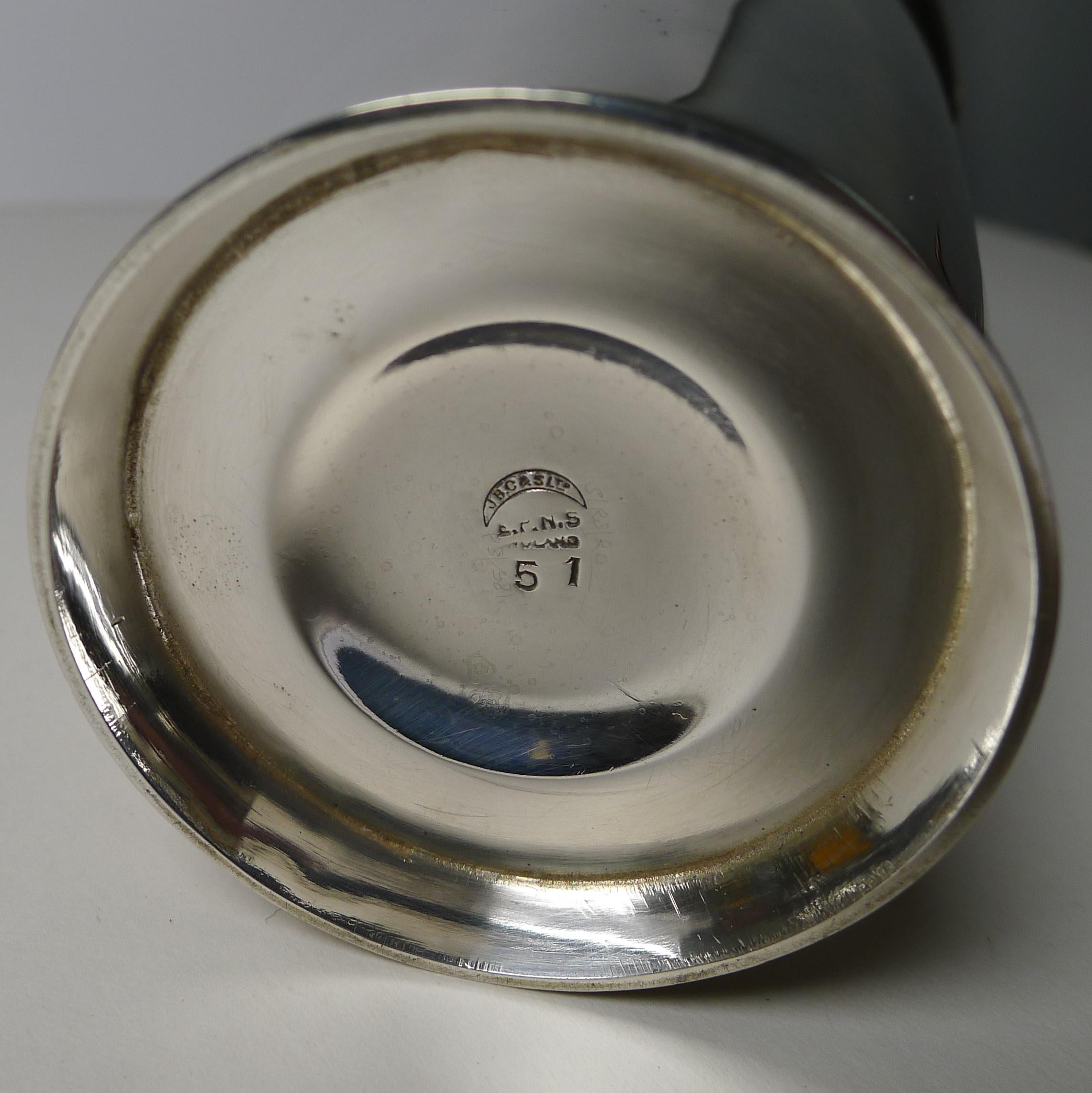 A fabulous and most unusual cocktail shaker by the well renowned silversmith, J B Chatterley & Son Ltd, fully marked on the underside; also marked EPNS for Electro-Plated Nickel Silver and 
