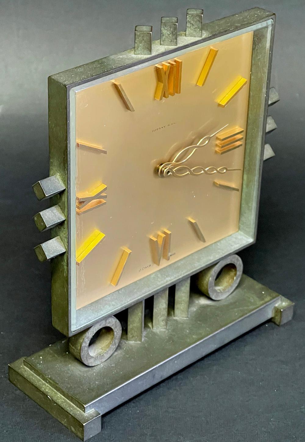 American Rare Art Deco Desk Clock w/ Geometric Forms, Bronze and Brass, Tiffany & Co. For Sale