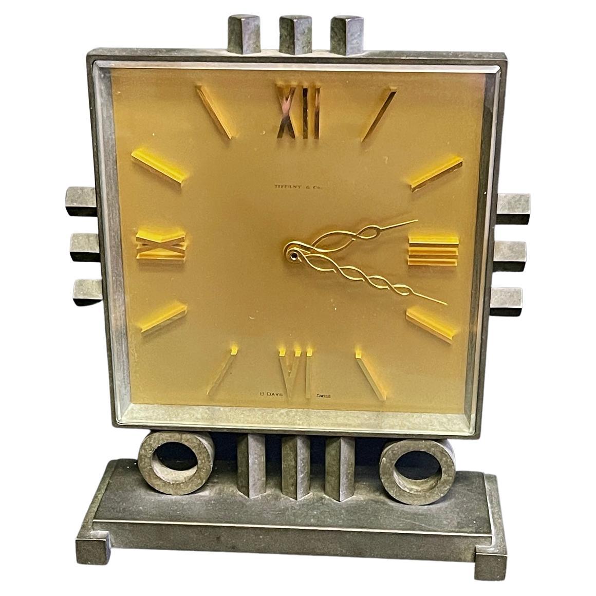 Rare Art Deco Desk Clock w/ Geometric Forms, Bronze and Brass, Tiffany & Co. For Sale