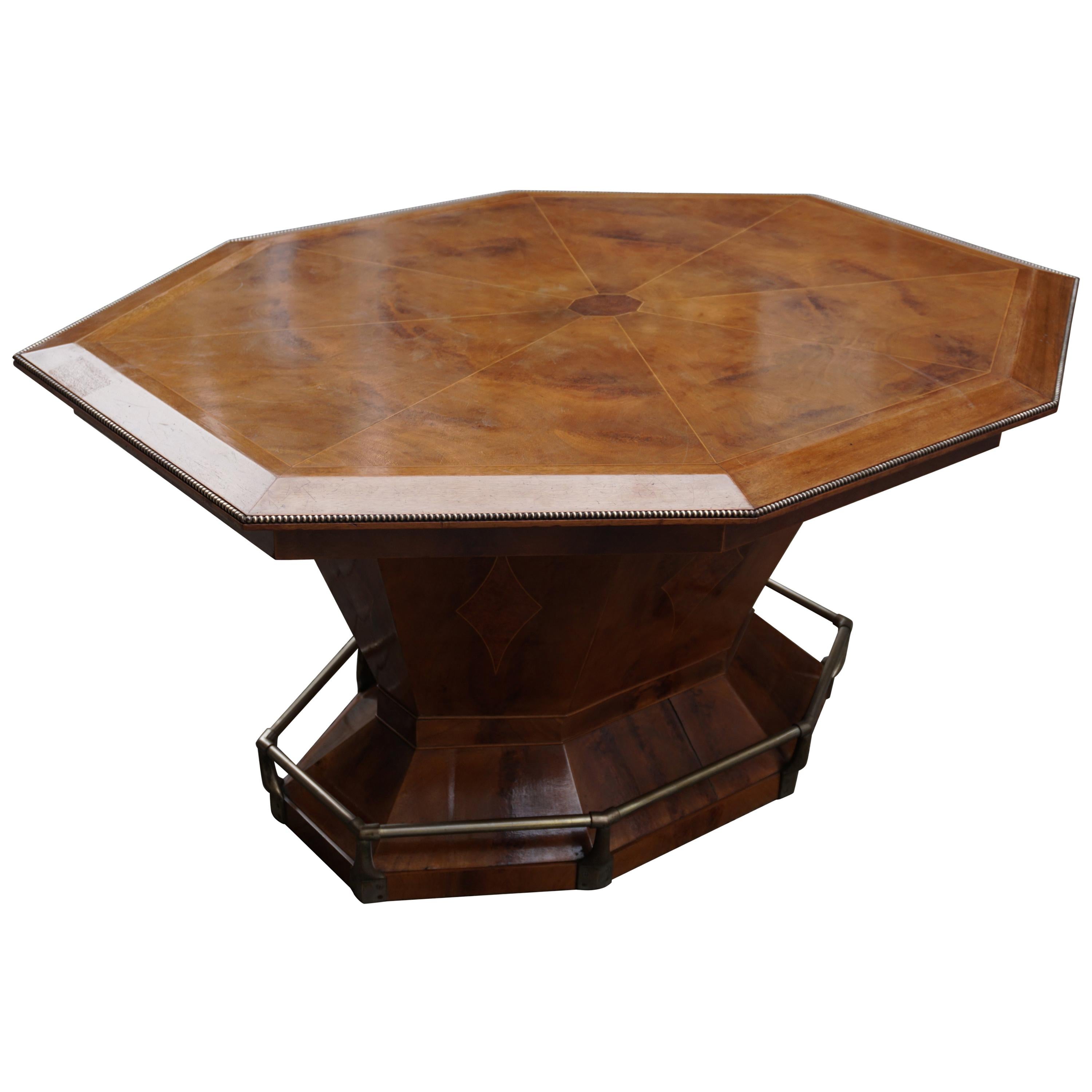 Beautiful Hollywood Regency Belgium Art Deco octagonal dining table or desk and writing table. Made in the 1920s for a prominent Jewish family from Antwerp working in the diamond industry. Antwerp, Belgium is the diamond capital of the world. Made