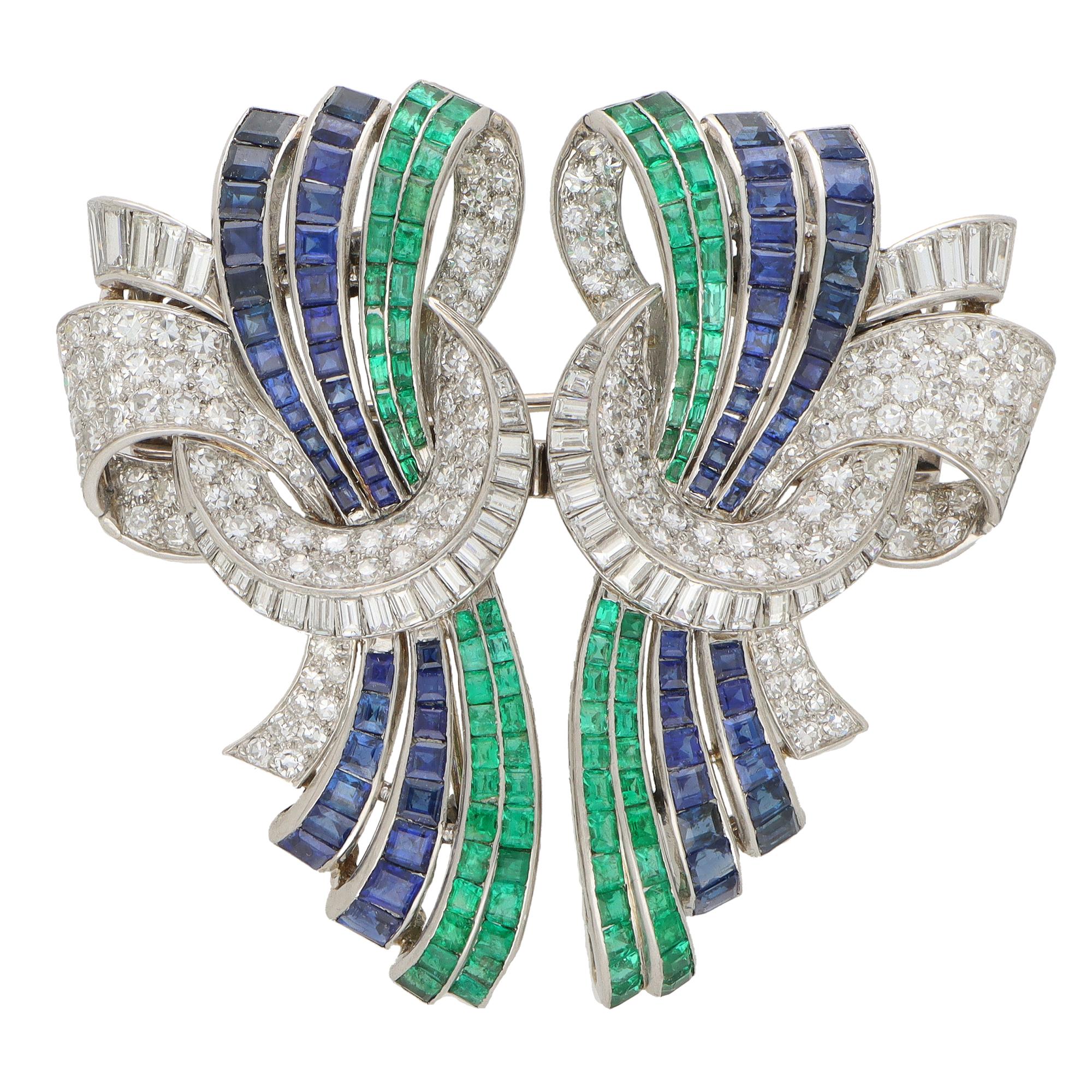 Baguette Cut Rare Art Deco Drayson Emerald, Sapphire and Diamond Suite in Platinum For Sale