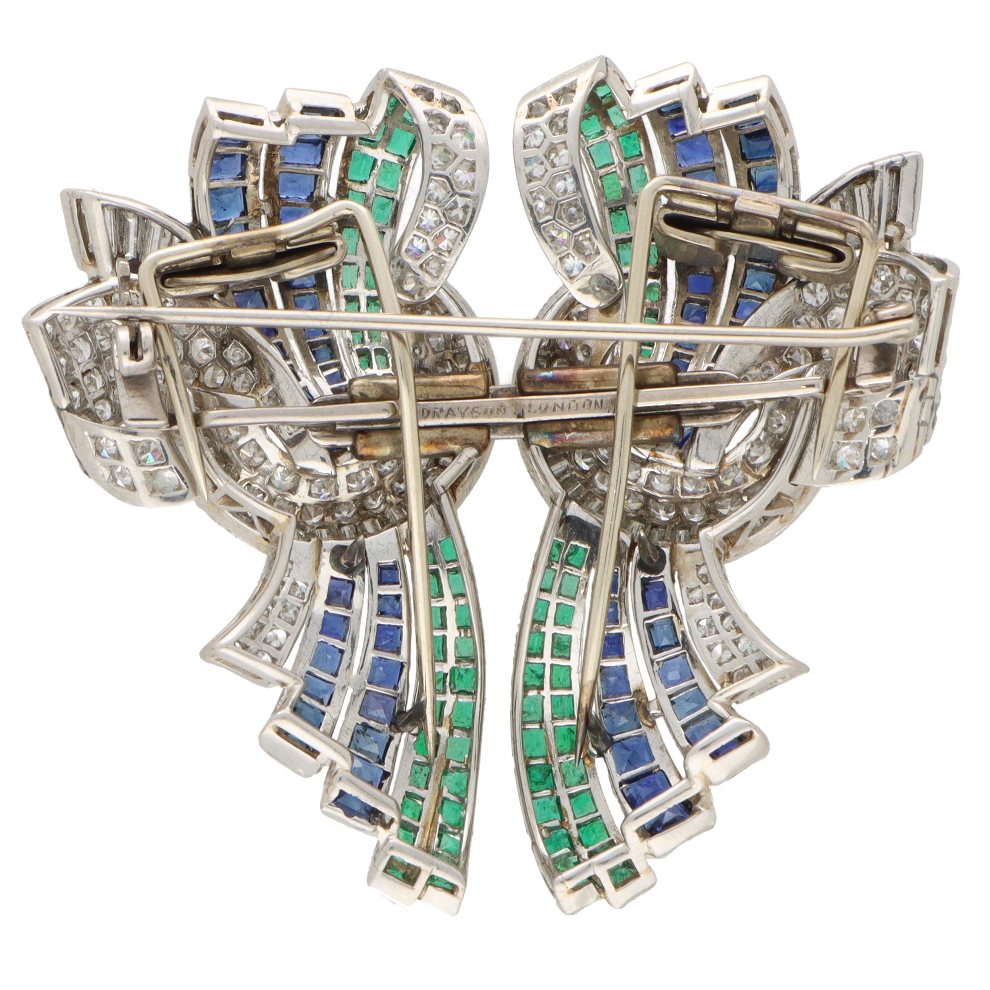 Rare Art Deco Drayson Emerald, Sapphire and Diamond Suite in Platinum In Excellent Condition For Sale In London, GB