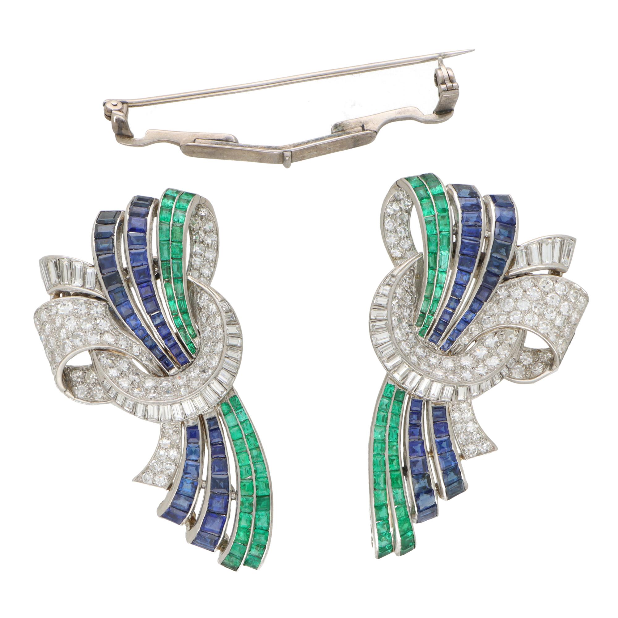 Women's or Men's Rare Art Deco Drayson Emerald, Sapphire and Diamond Suite in Platinum For Sale