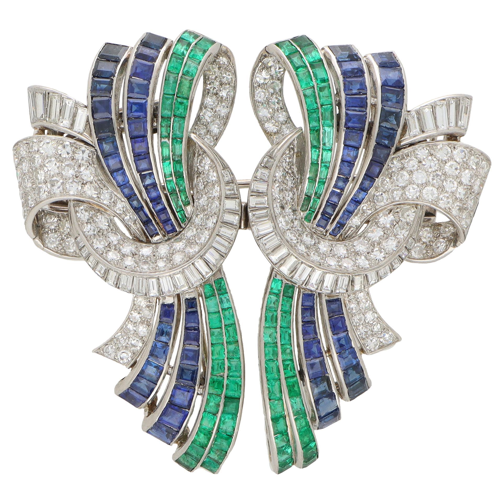 Rare Art Deco Drayson Emerald, Sapphire and Diamond Suite in Platinum