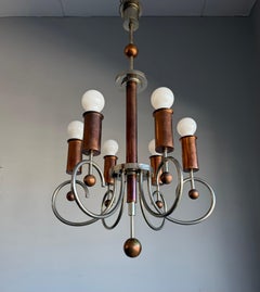 Rare Art Deco / Early Modernist Copper and Chrome Six-Light Chandelier, c1920-30