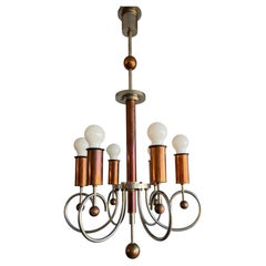 Rare Art Deco / Early Modernist Copper and Chrome Six-Light Chandelier, c1920-30