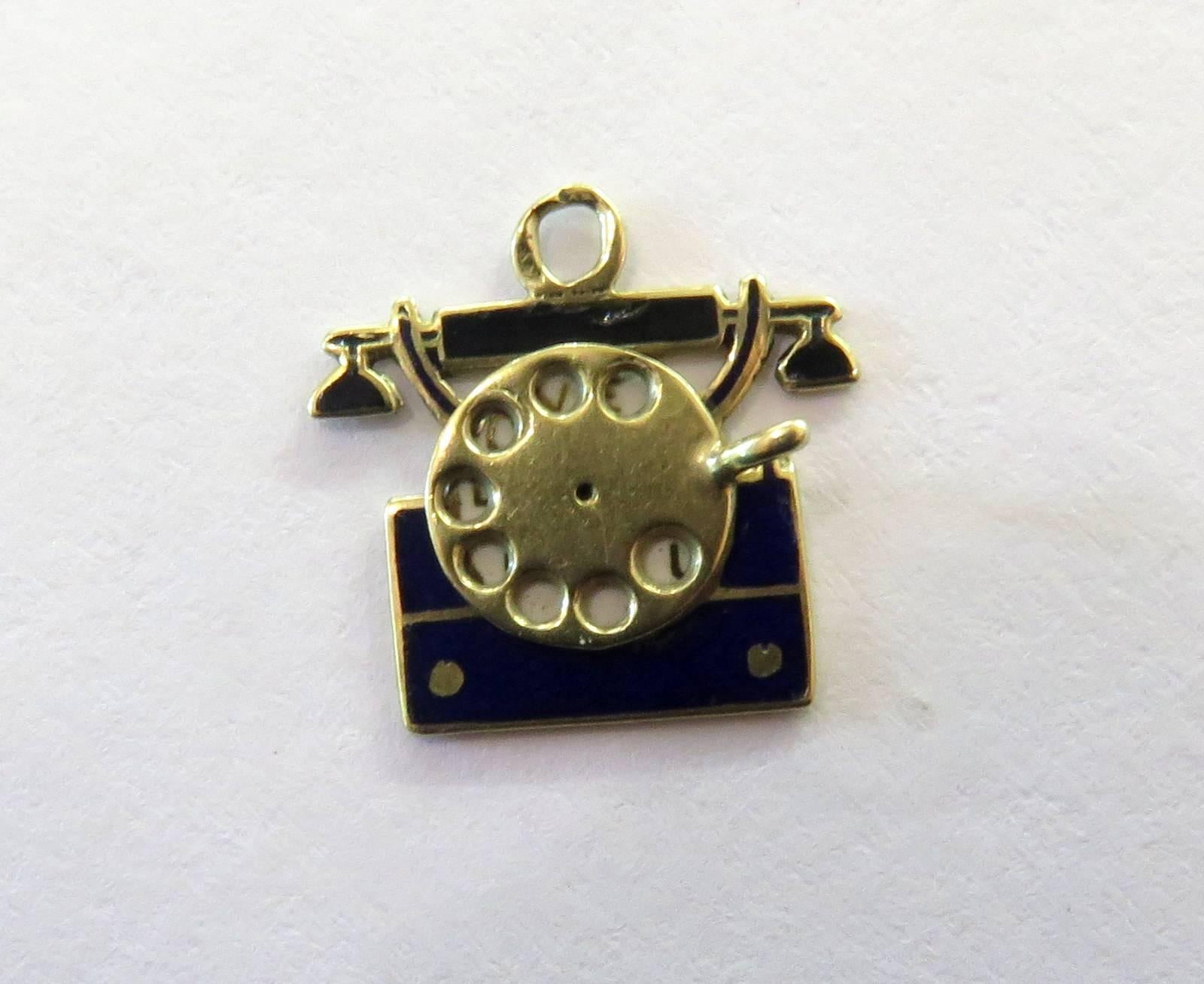 Women's or Men's Rare Art Deco Enamel Movable Telephone Gold Charm Dated 1937 For Sale