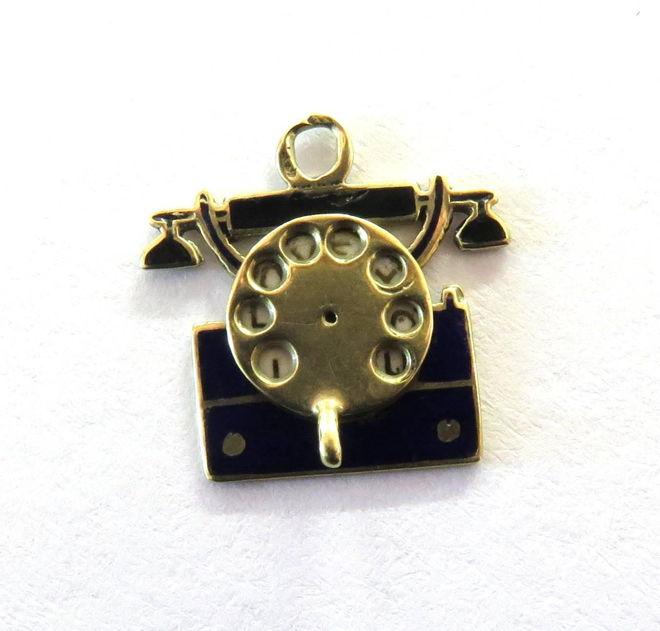 Rare Art Deco Enamel Movable Telephone Gold Charm Dated 1937 For Sale 1