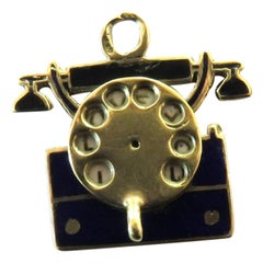 Vintage Rare Art Deco Enamel Movable Telephone Gold Charm Dated 1937