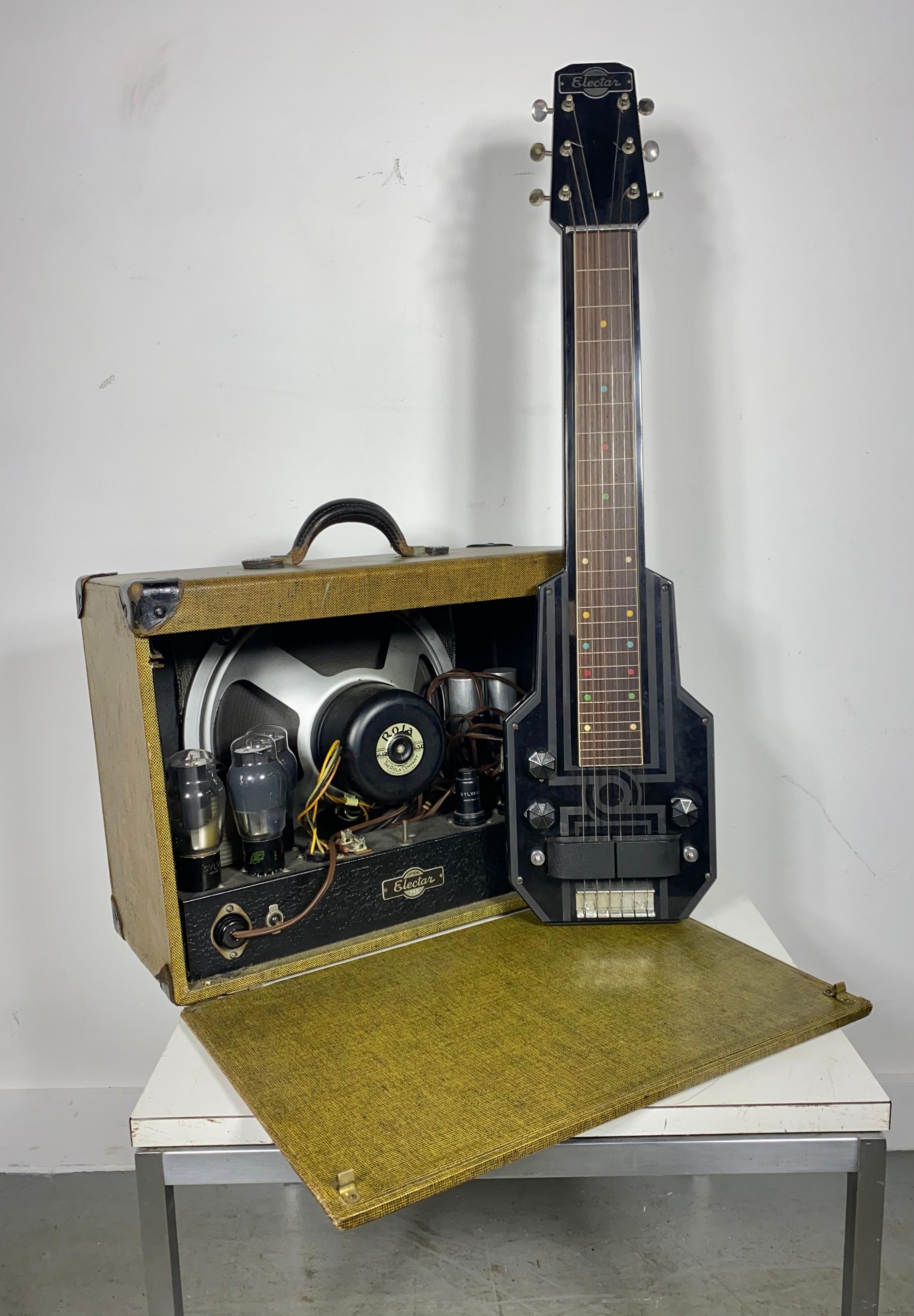 Epiphone Electar Model M Lap Steel Electric Guitar, with original matching amplifier...black lacquer finish, maple body and etched aluminum top. A very early lap steel guitar produced by Epiphone, supposedly designed by Epi Staphopolo, the founder.