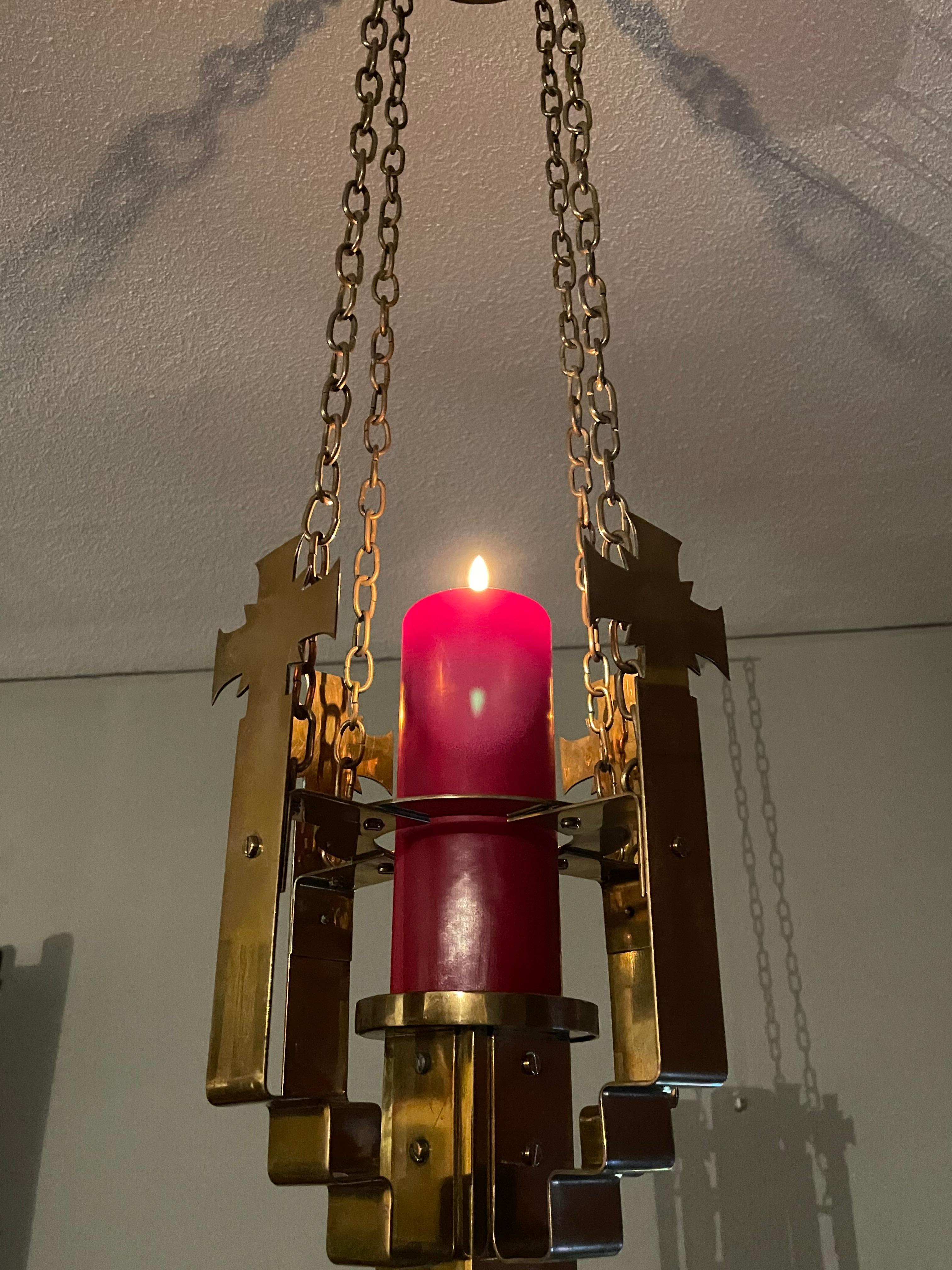 Rare Art Deco Era Brass Church Pendant / Single Candle Candelabra & Four Crosses For Sale 4