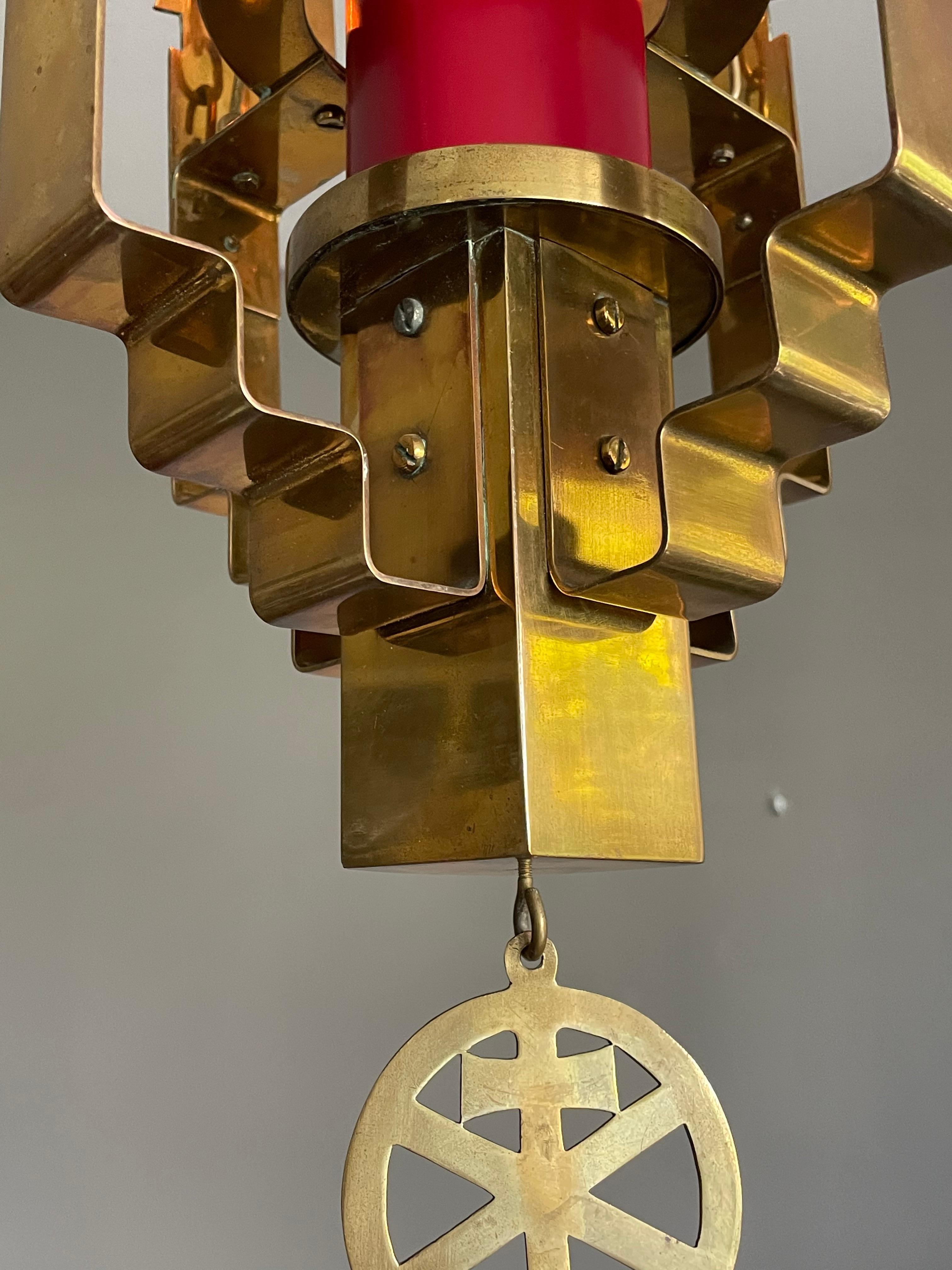 Rare Art Deco Era Brass Church Pendant / Single Candle Candelabra & Four Crosses For Sale 5