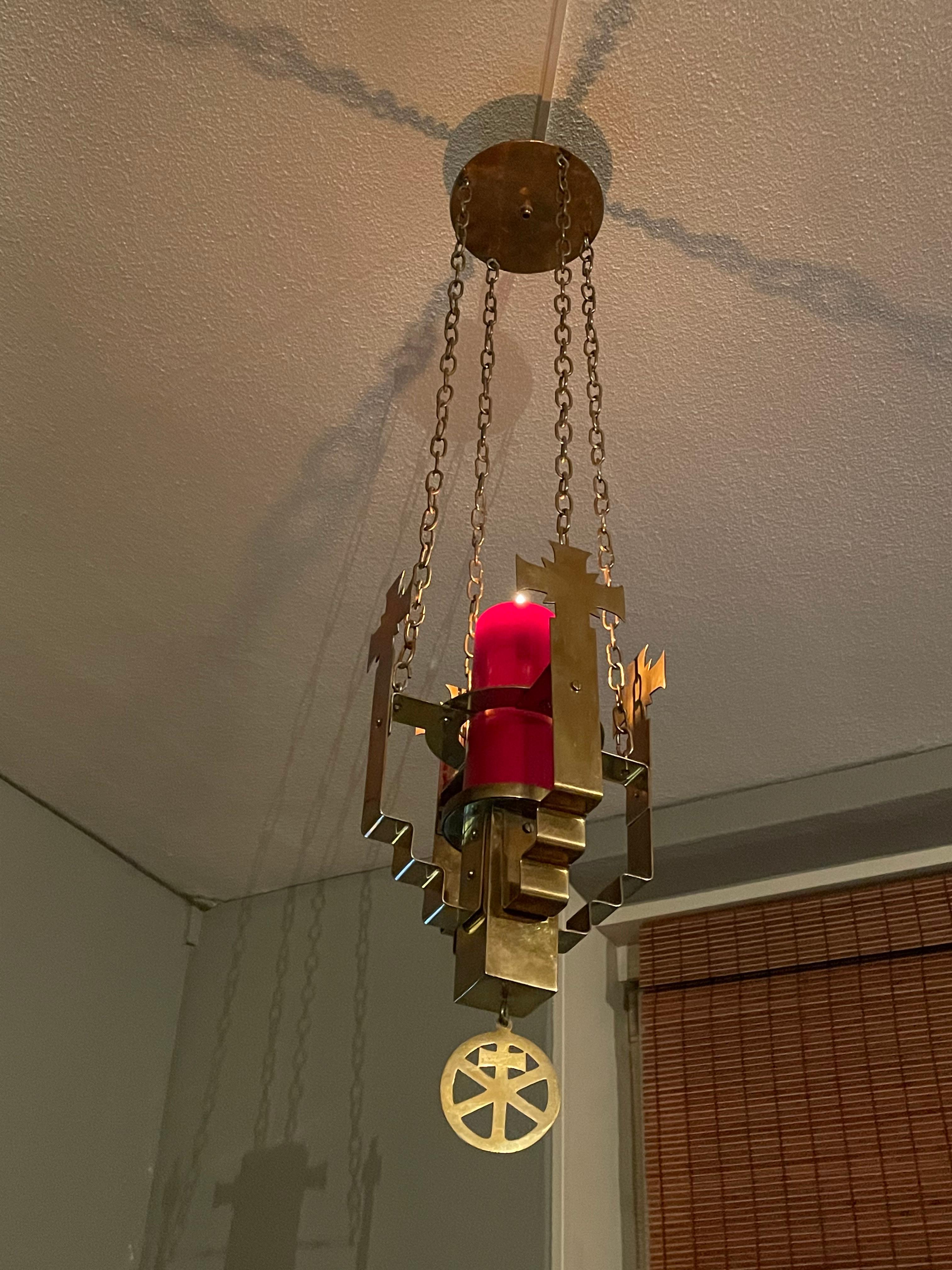Rare Art Deco Era Brass Church Pendant / Single Candle Candelabra & Four Crosses For Sale 10