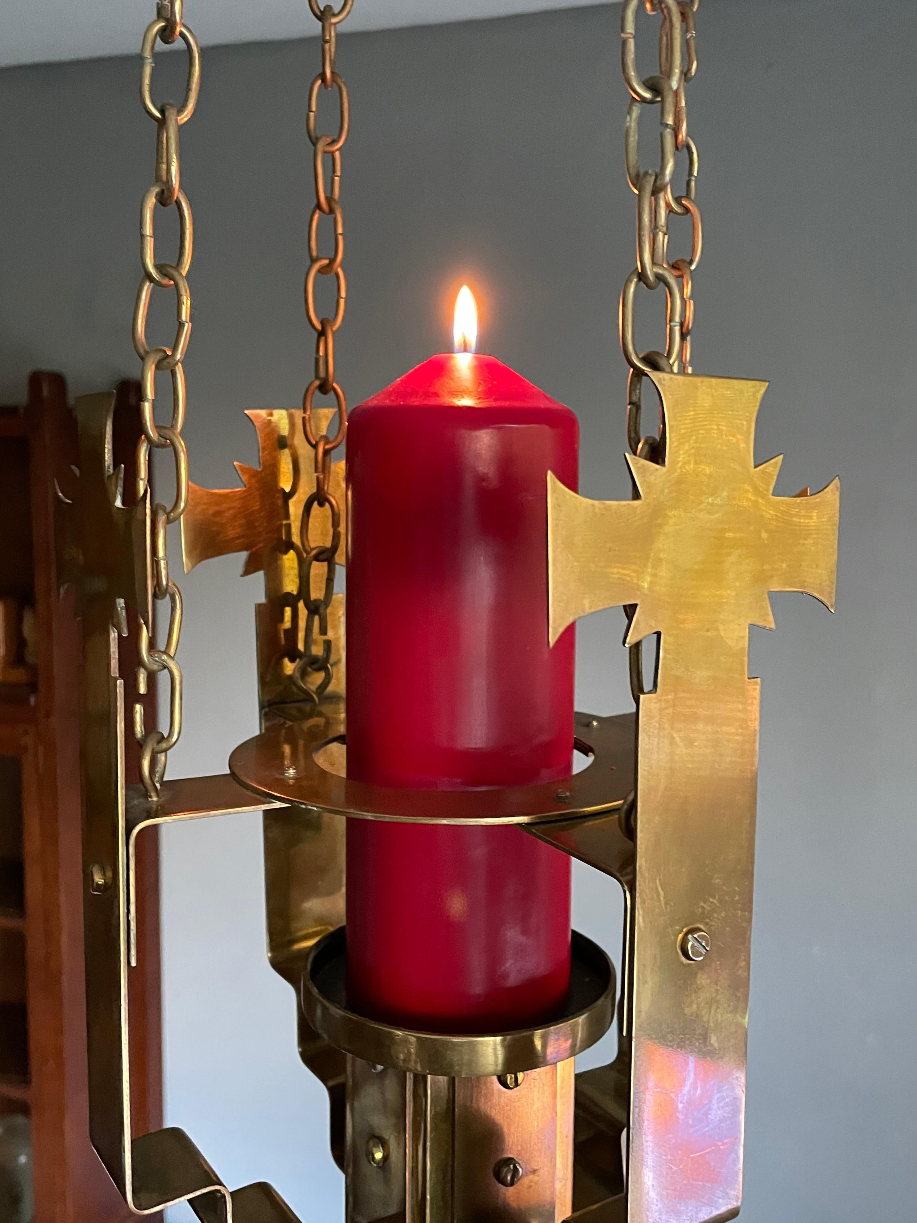 Rare Art Deco Era Brass Church Pendant / Single Candle Candelabra & Four Crosses For Sale 12