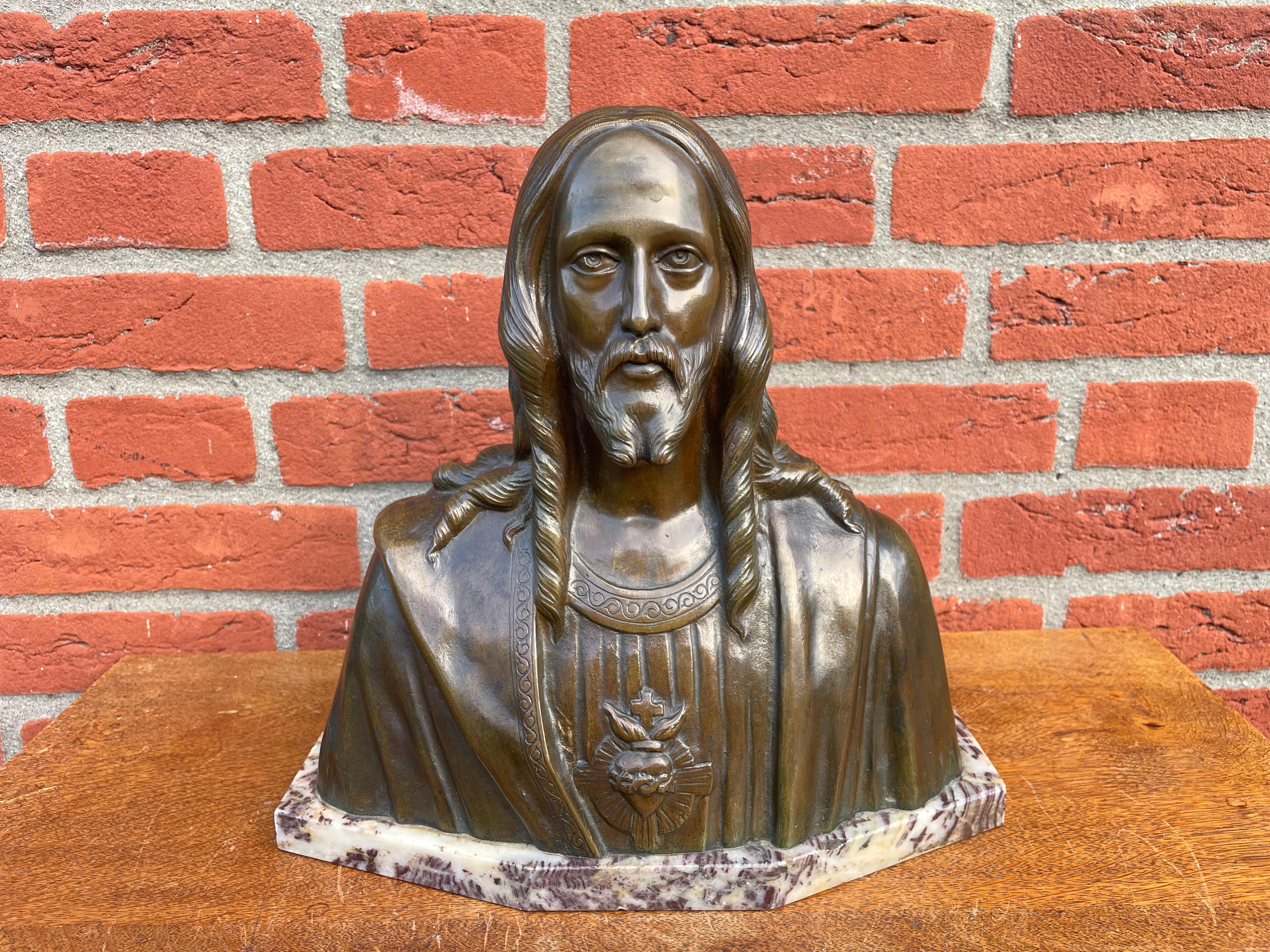 Rare Art Deco Era Bronze Holy Heart Sculpture / Bust of Christ By Fr. Corbeels 4