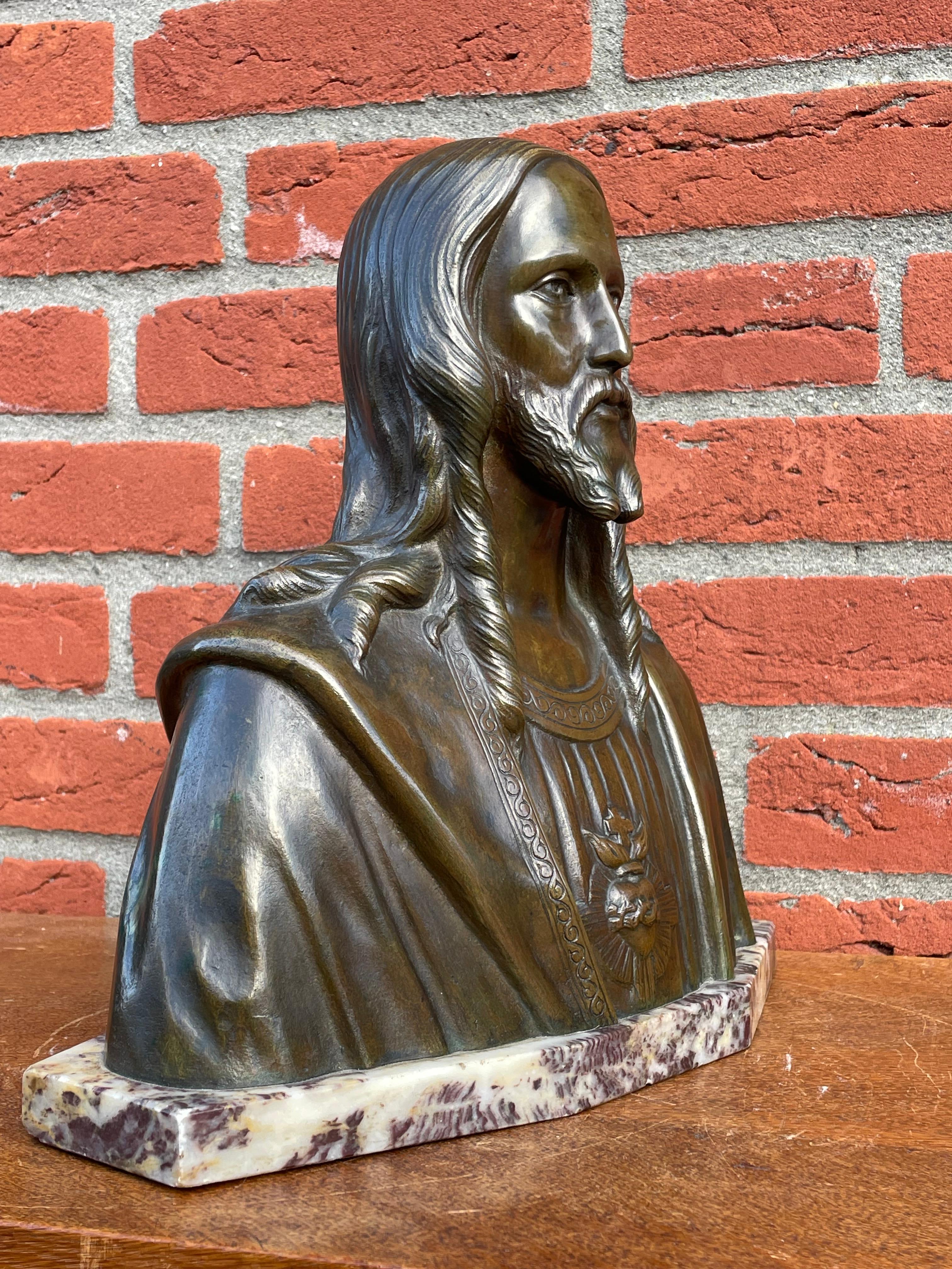 Rare Art Deco Era Bronze Holy Heart Sculpture / Bust of Christ By Fr. Corbeels 5