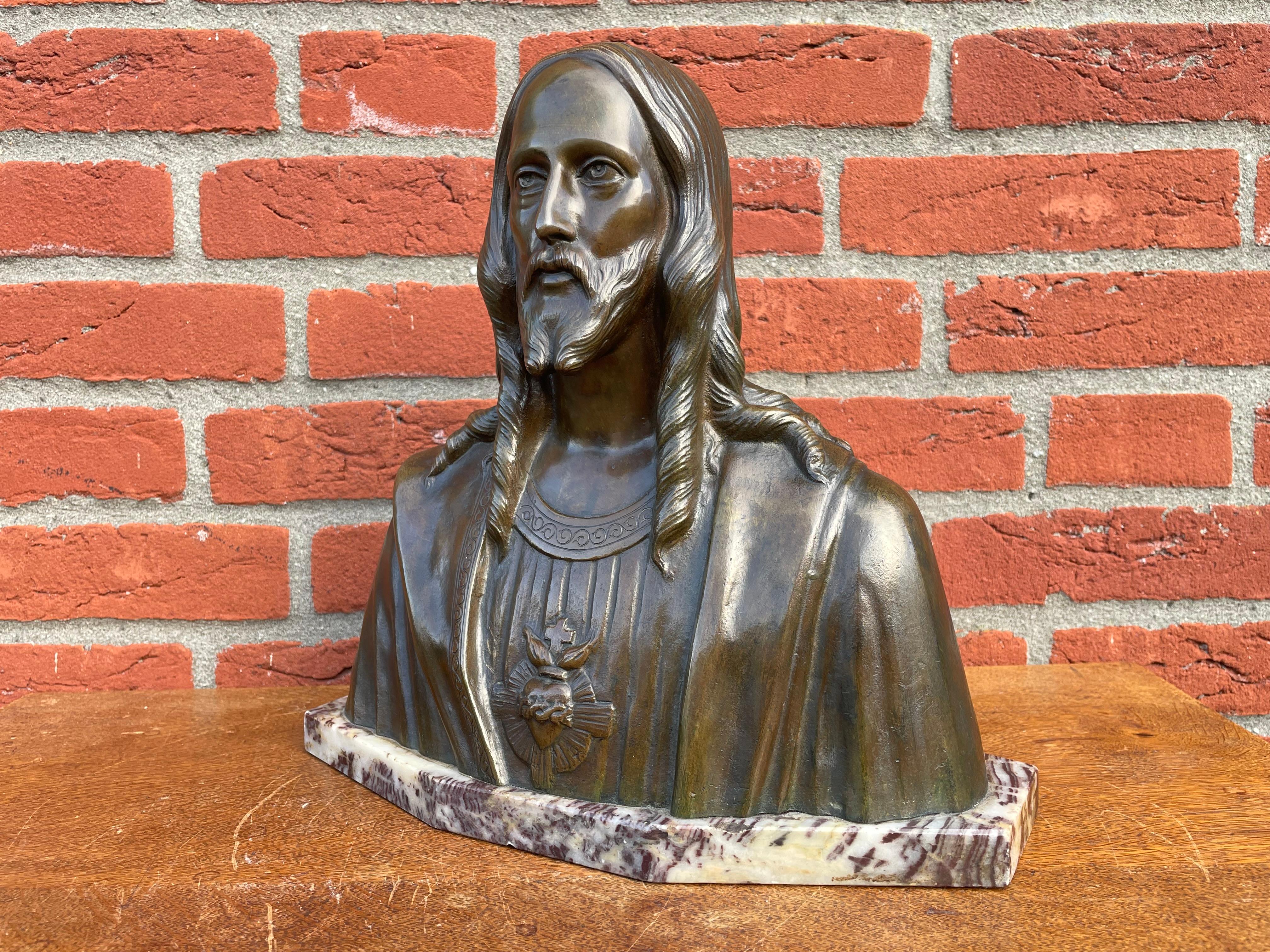 Rare Art Deco Era Bronze Holy Heart Sculpture / Bust of Christ By Fr. Corbeels 6