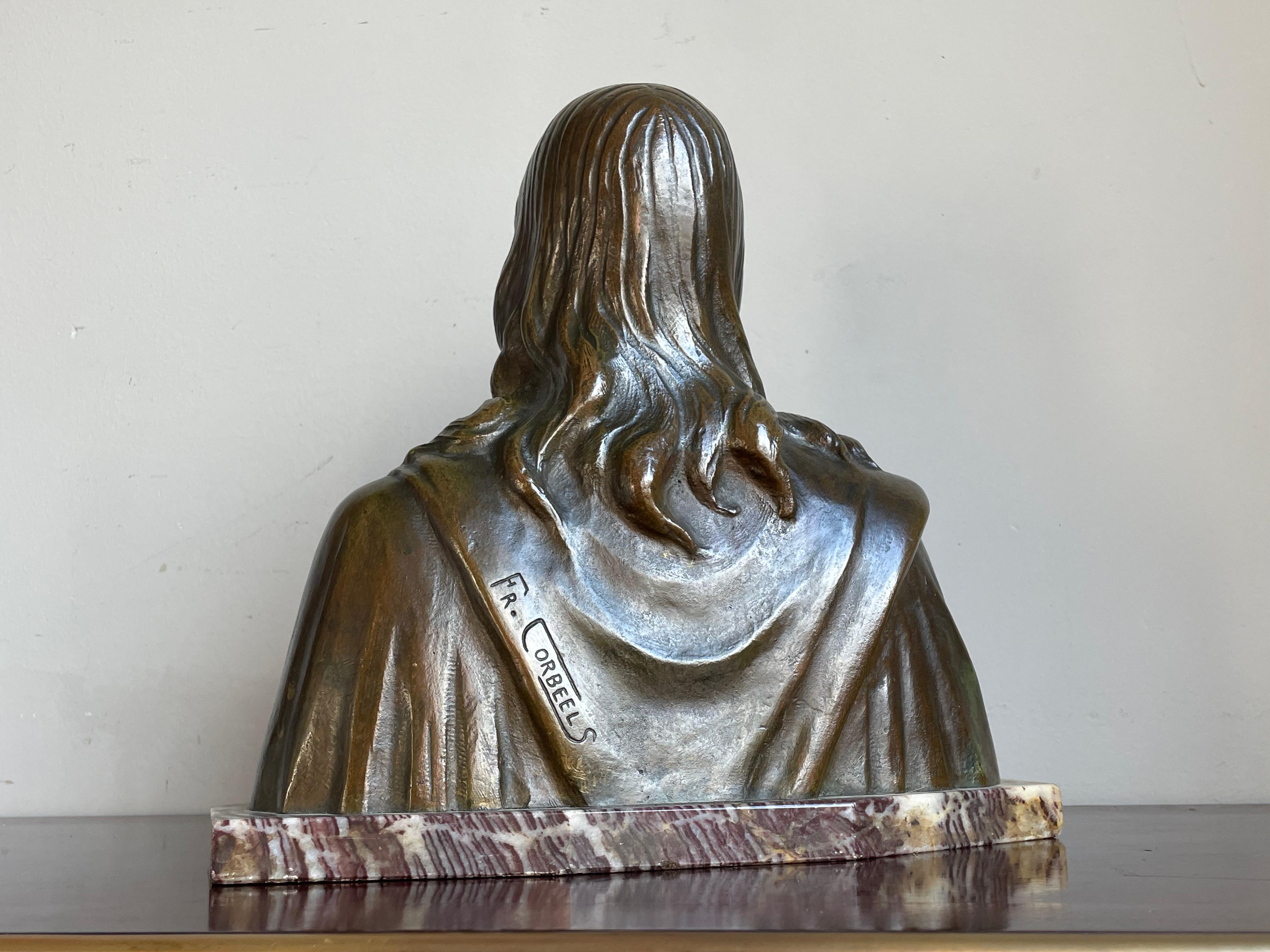 Rare Art Deco Era Bronze Holy Heart Sculpture / Bust of Christ By Fr. Corbeels 8