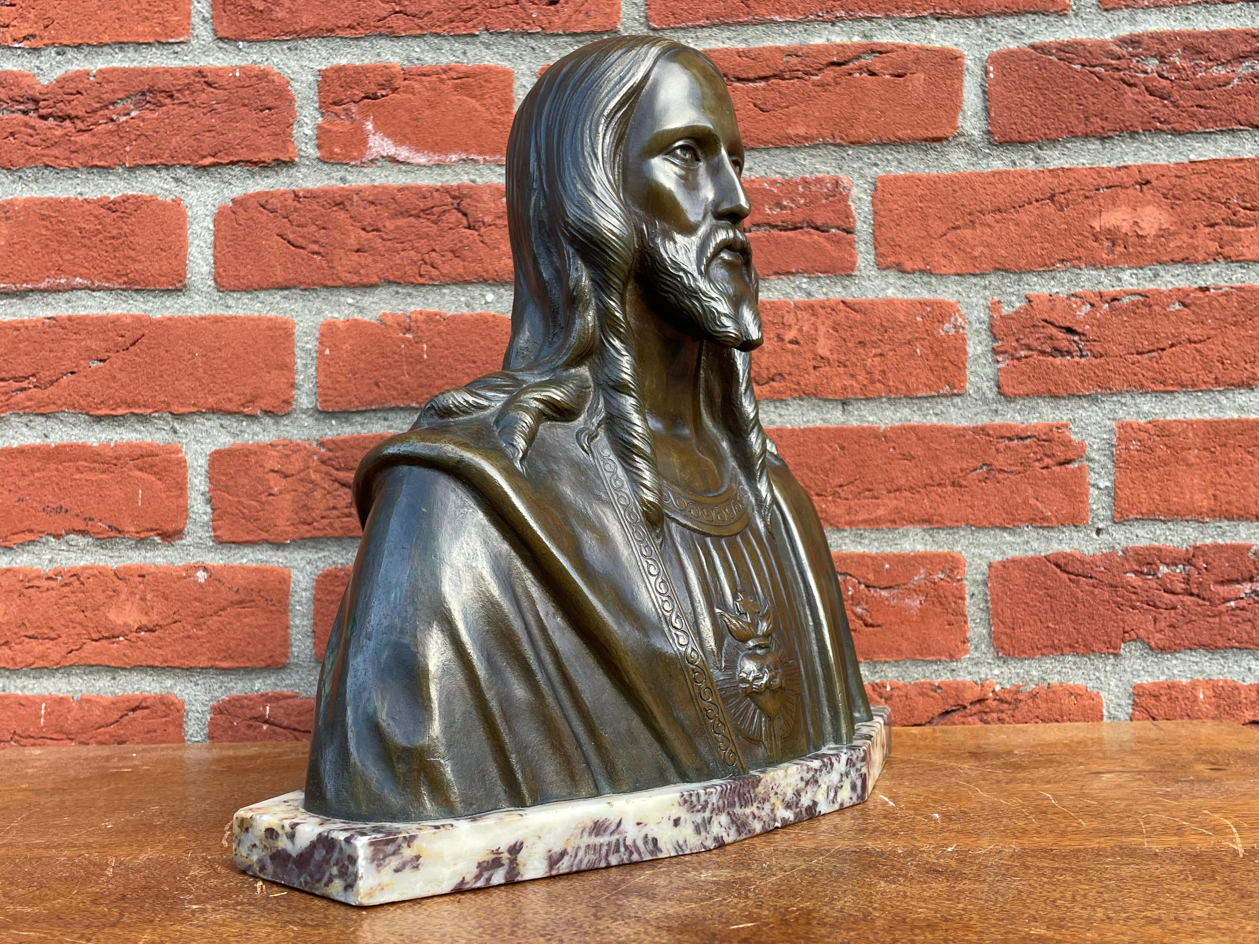 Rare Art Deco Era Bronze Holy Heart Sculpture / Bust of Christ By Fr. Corbeels 9
