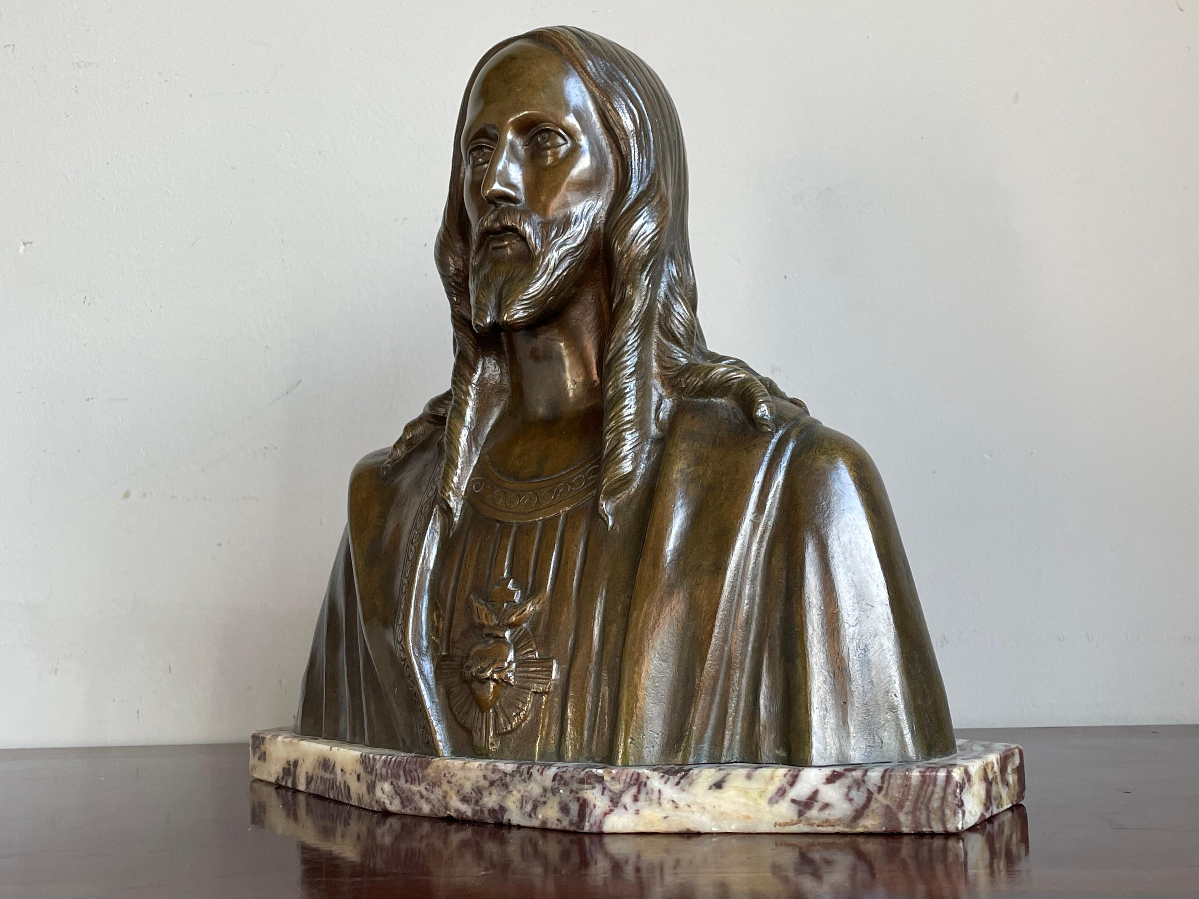 Rare Art Deco Era Bronze Holy Heart Sculpture / Bust of Christ By Fr. Corbeels 10