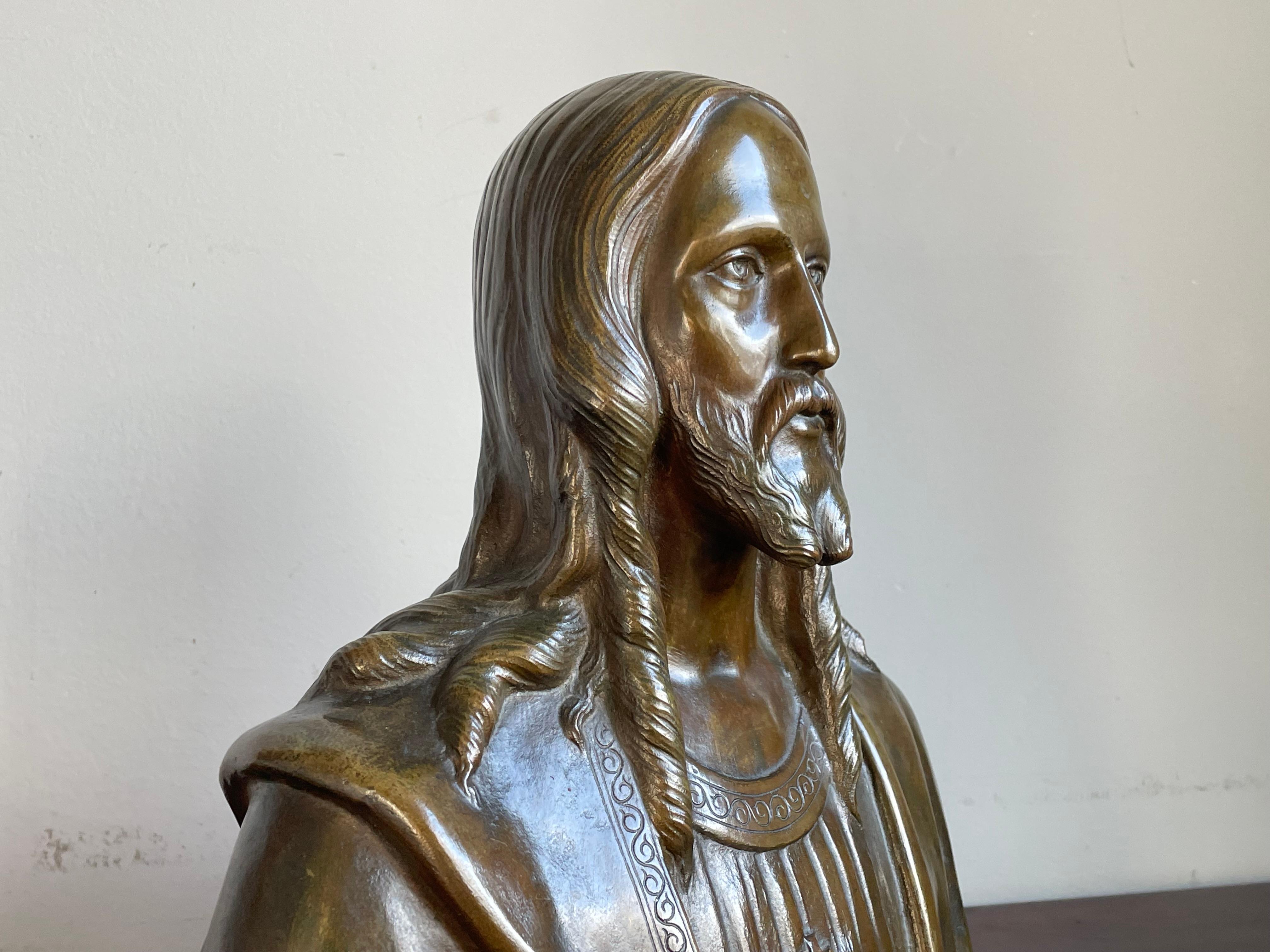 Rare Art Deco Era Bronze Holy Heart Sculpture / Bust of Christ By Fr. Corbeels 11