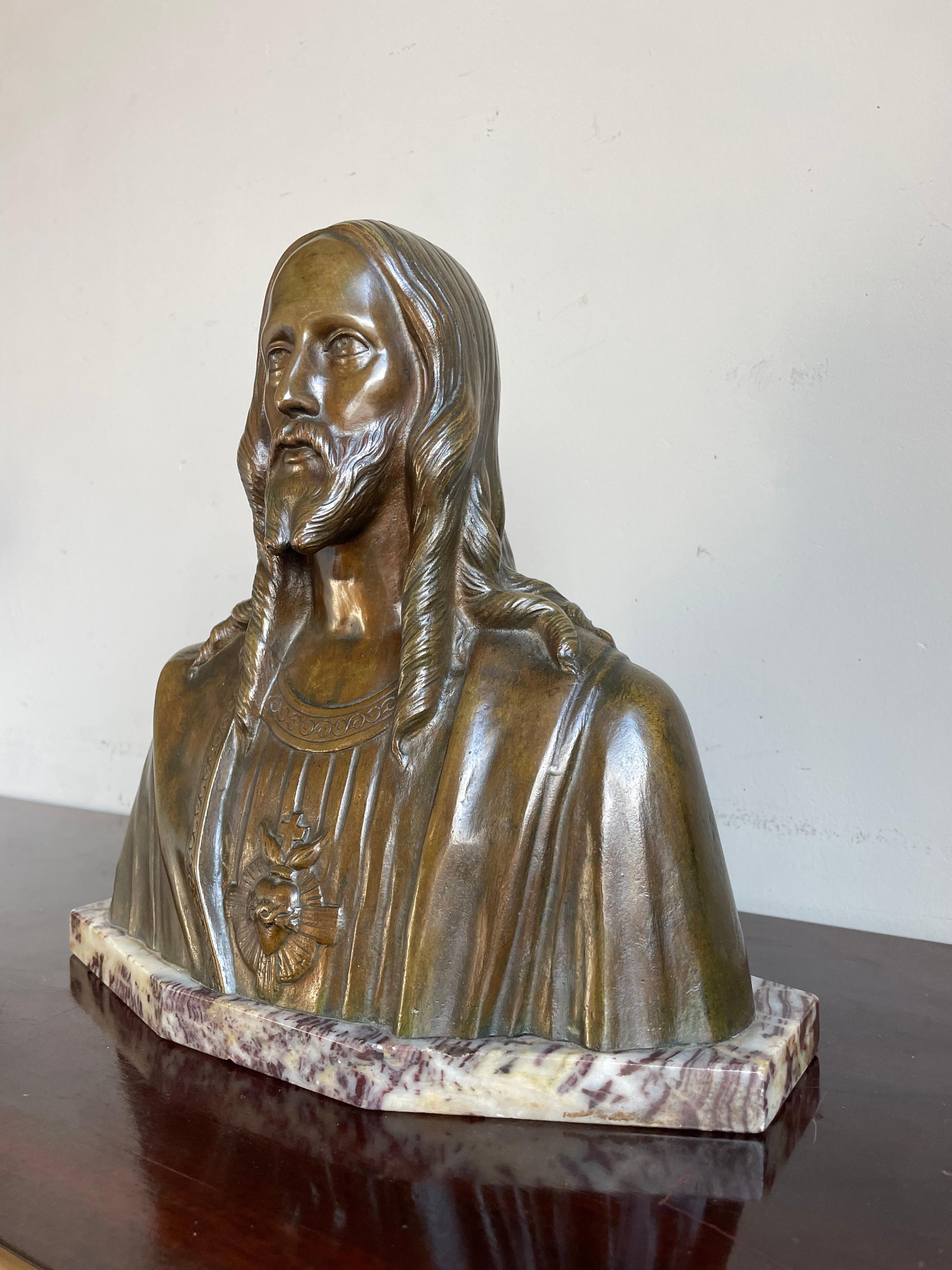 Rare and practical size antique bronze sculpture of our Lord Jesus.

This gorgeous and modest size bronze sculpture is another one of our recent great finds. Finding Francis Corbeels antiques is very difficult, because most of his works of religious