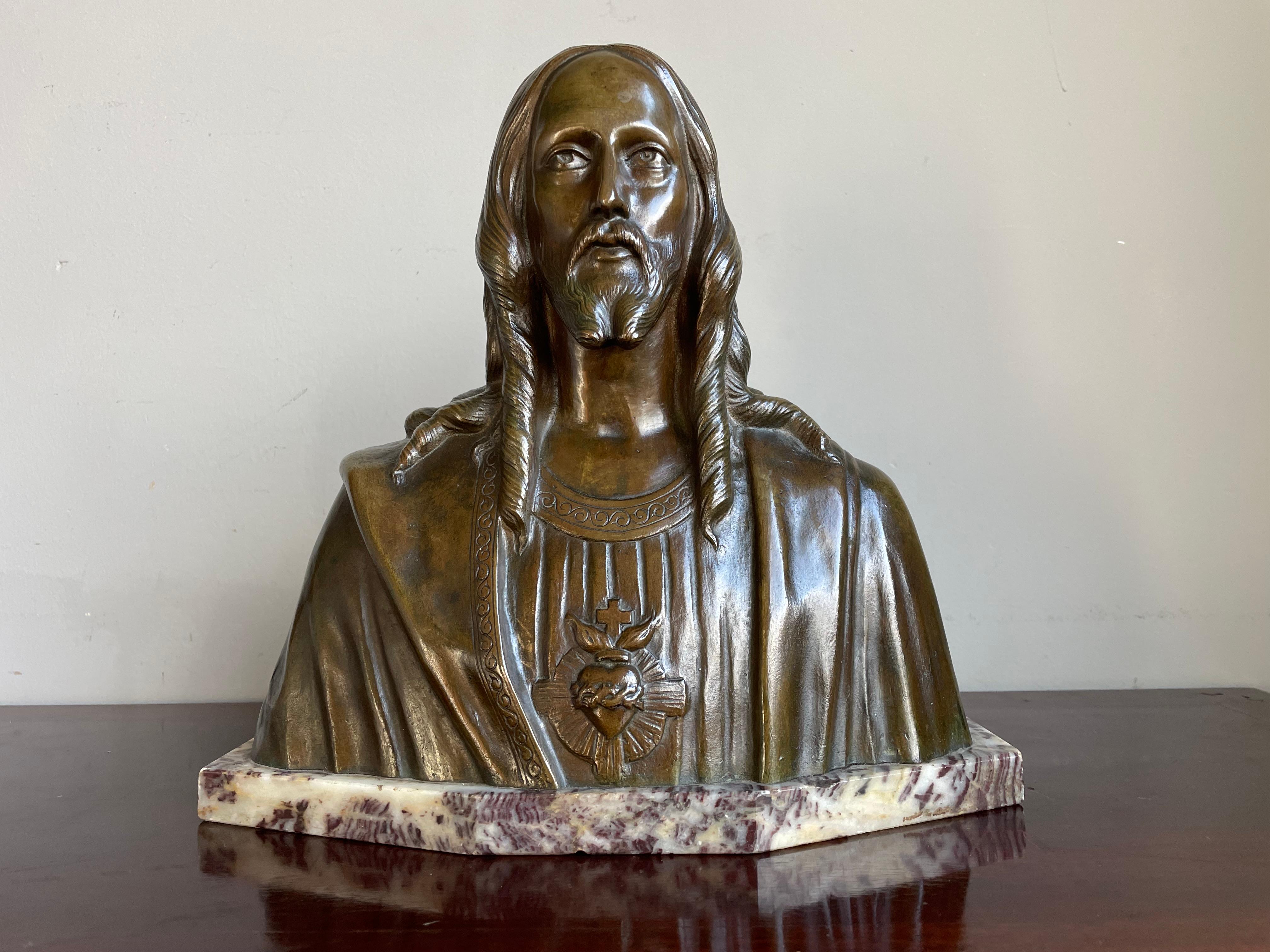 Belgian Rare Art Deco Era Bronze Holy Heart Sculpture / Bust of Christ By Fr. Corbeels