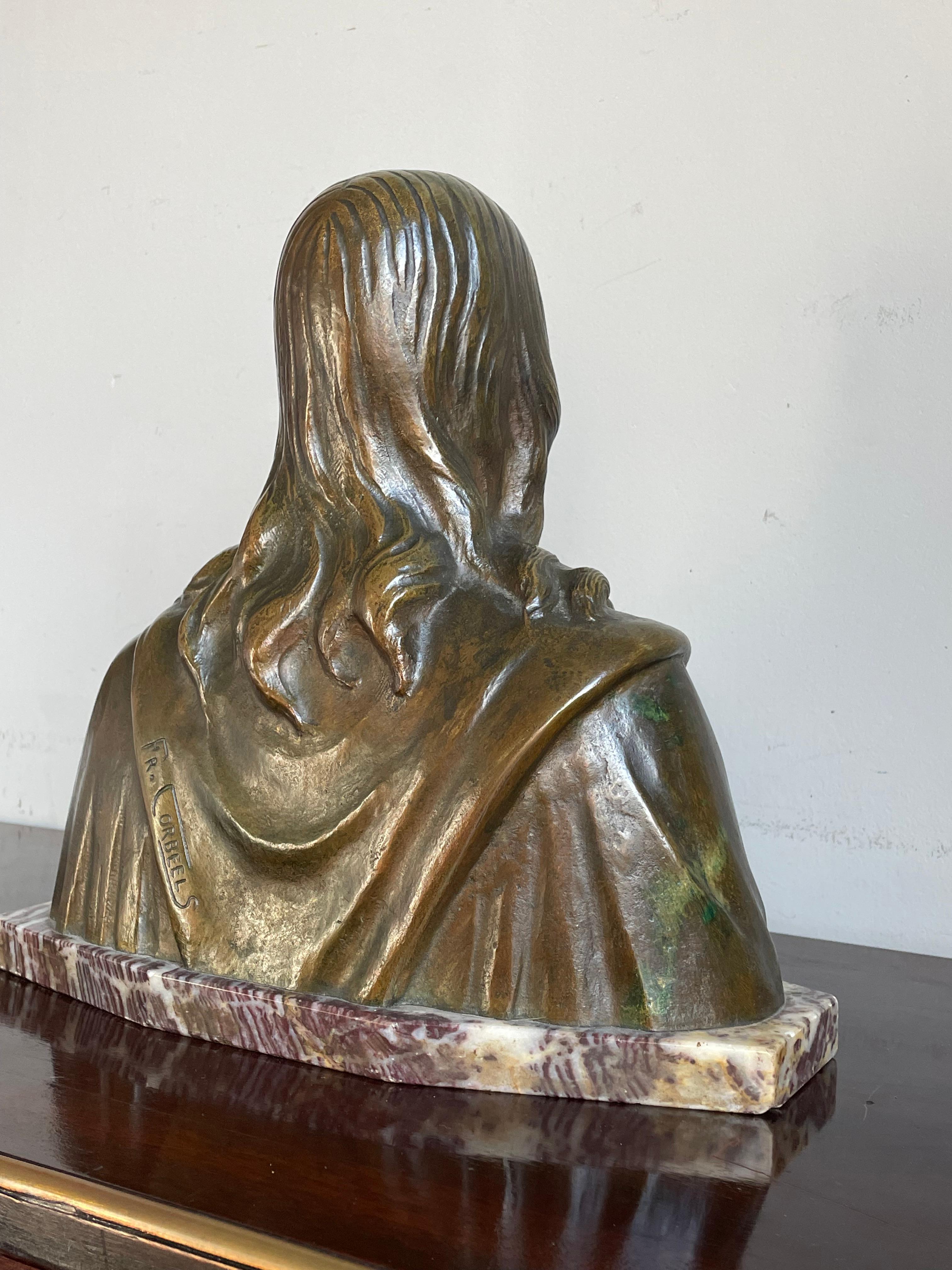 Cast Rare Art Deco Era Bronze Holy Heart Sculpture / Bust of Christ By Fr. Corbeels