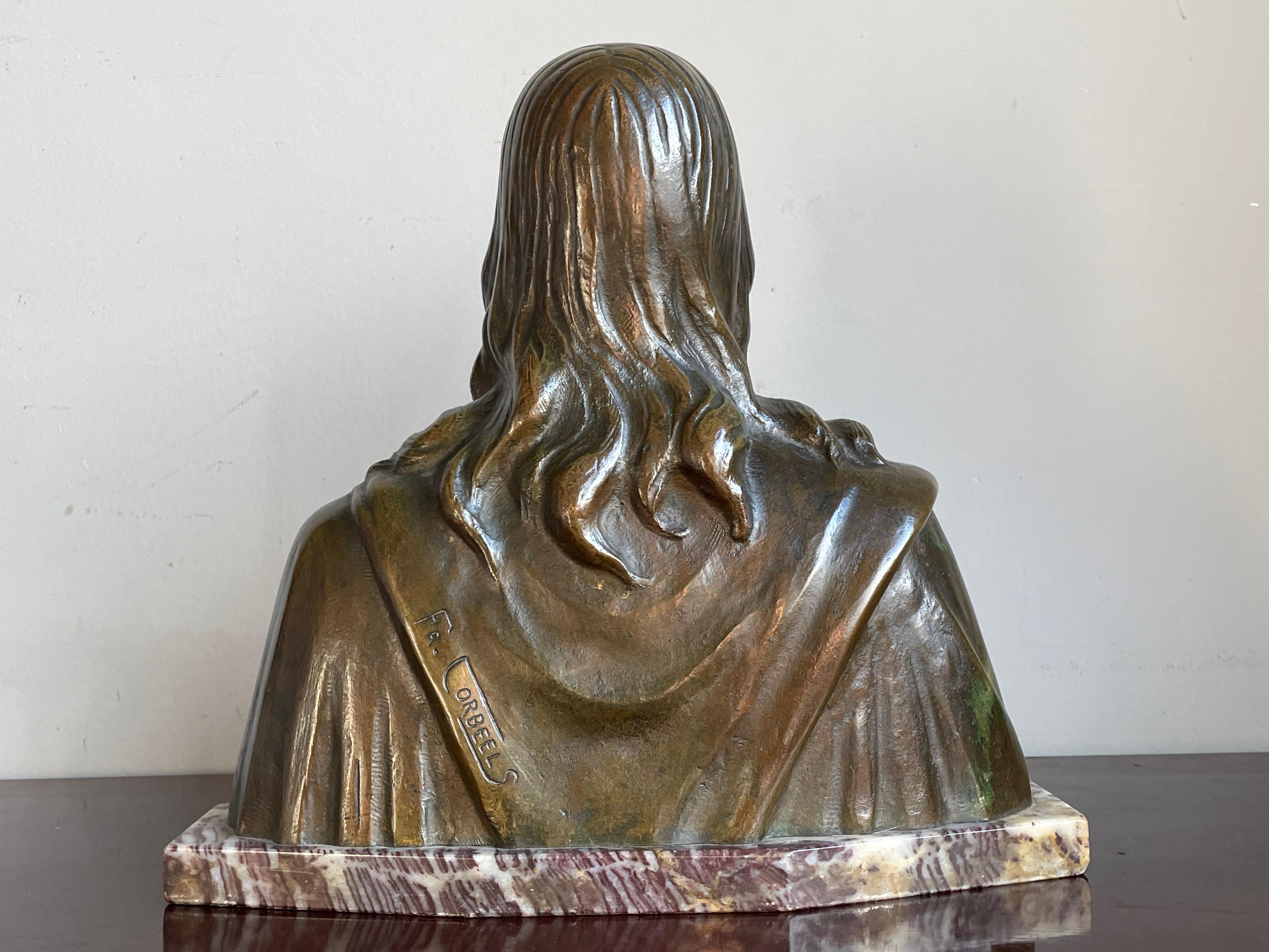 Rare Art Deco Era Bronze Holy Heart Sculpture / Bust of Christ By Fr. Corbeels In Good Condition In Lisse, NL