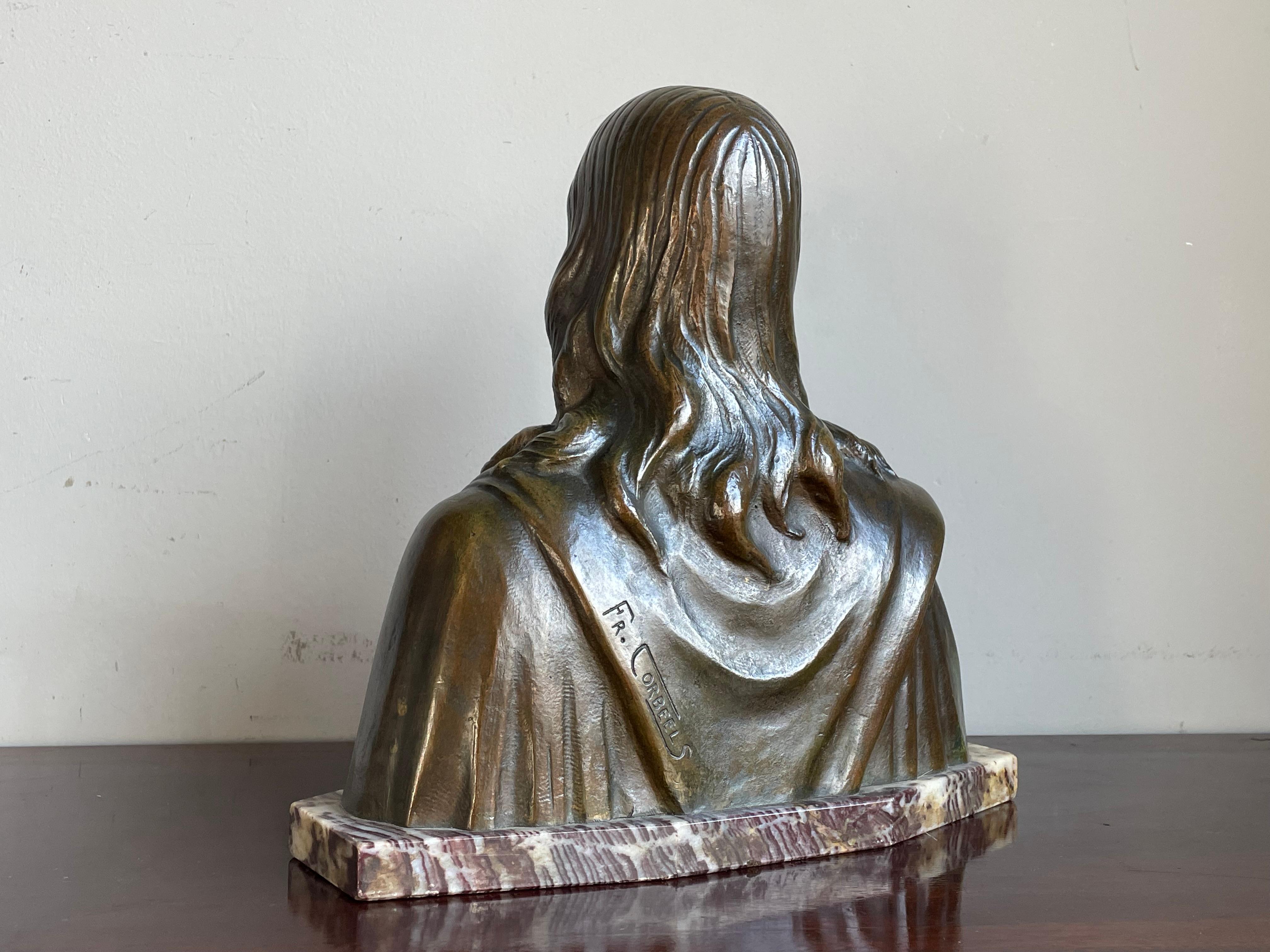 20th Century Rare Art Deco Era Bronze Holy Heart Sculpture / Bust of Christ By Fr. Corbeels