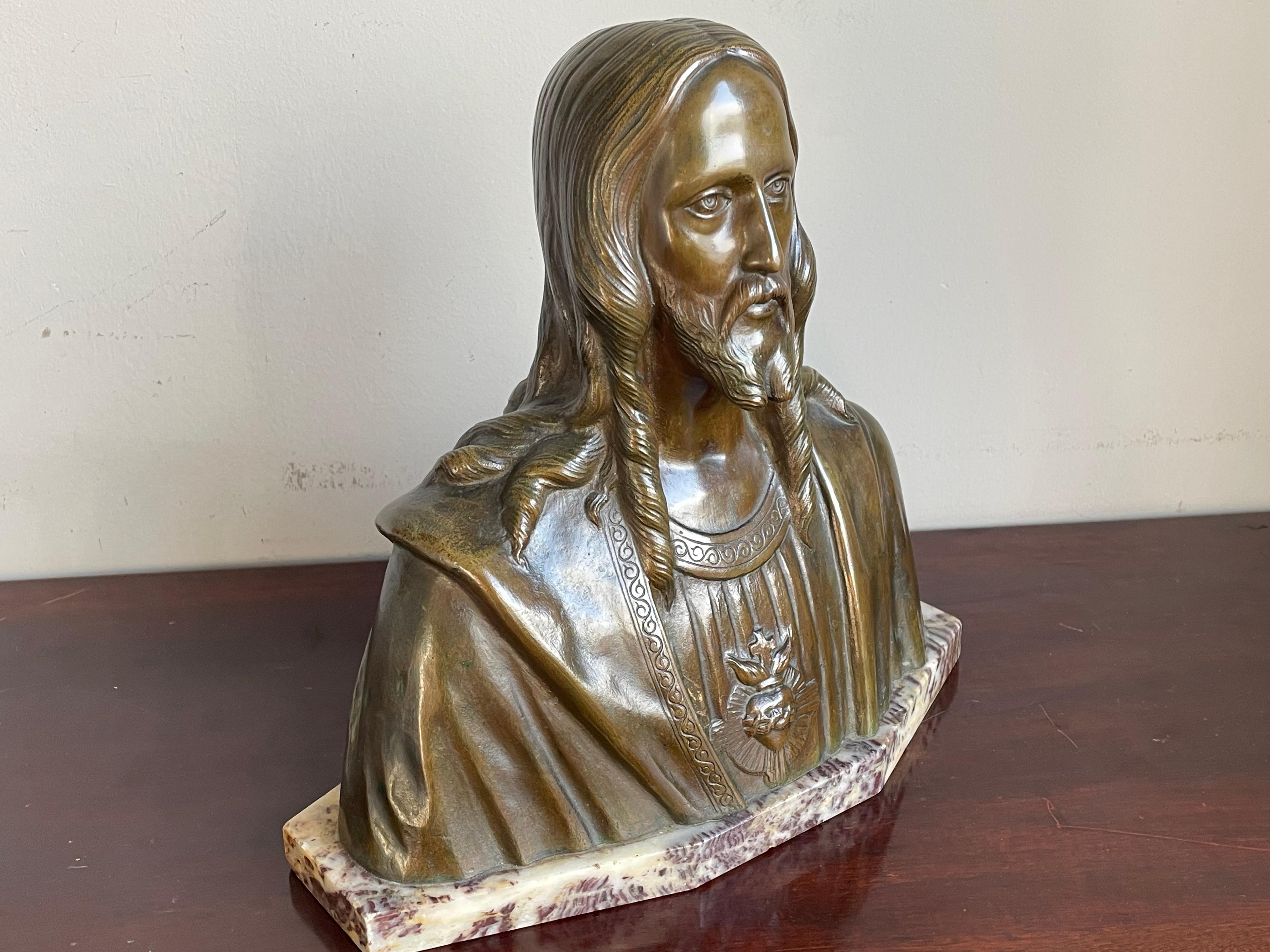 Rare Art Deco Era Bronze Holy Heart Sculpture / Bust of Christ By Fr. Corbeels 1