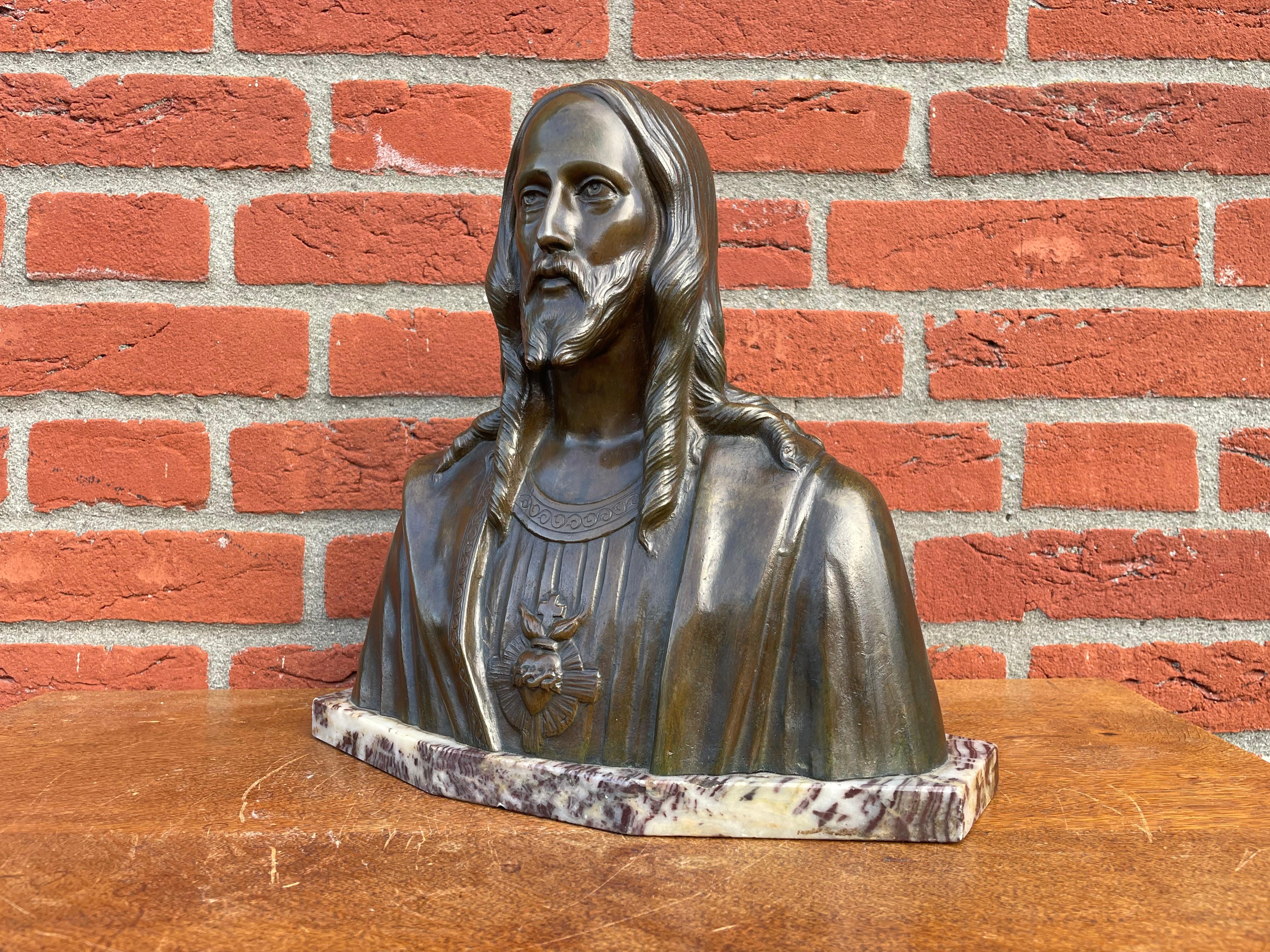 Rare Art Deco Era Bronze Holy Heart Sculpture / Bust of Christ By Fr. Corbeels 2