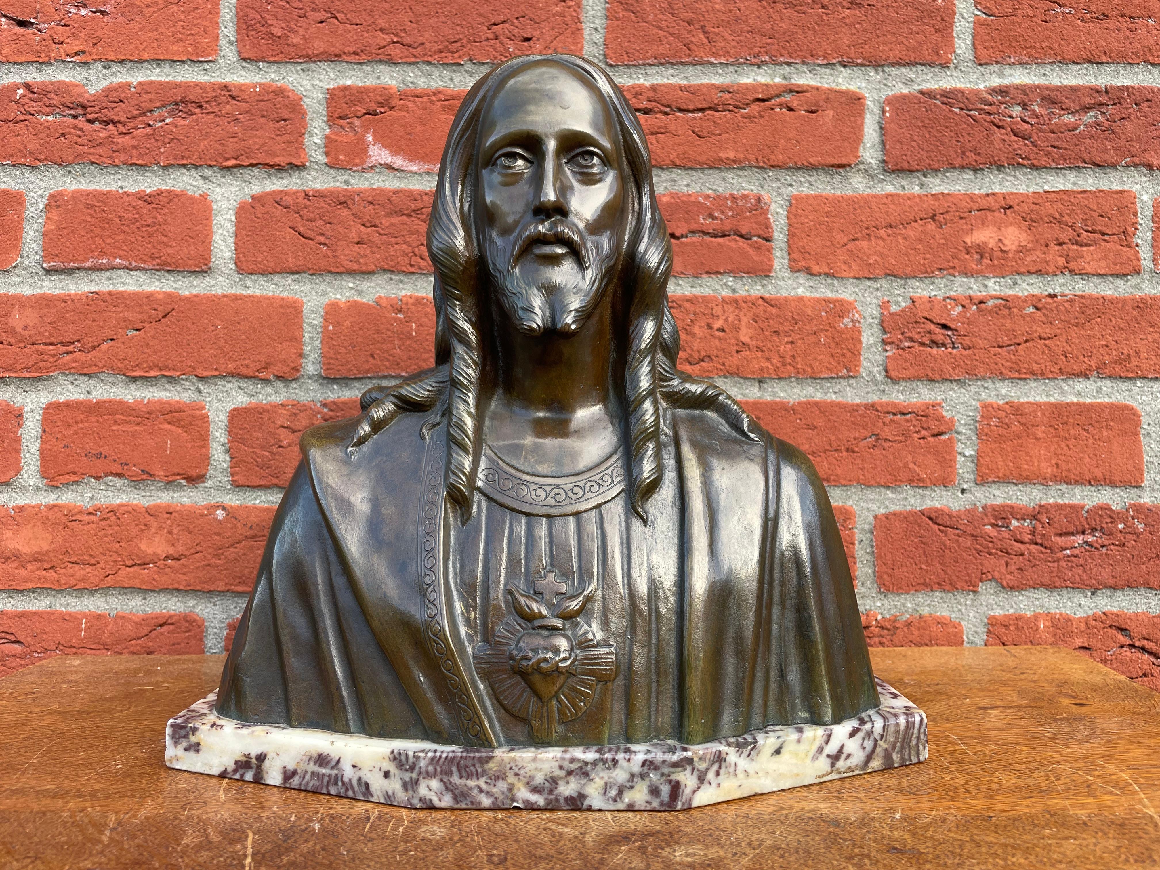 Rare Art Deco Era Bronze Holy Heart Sculpture / Bust of Christ By Fr. Corbeels 3