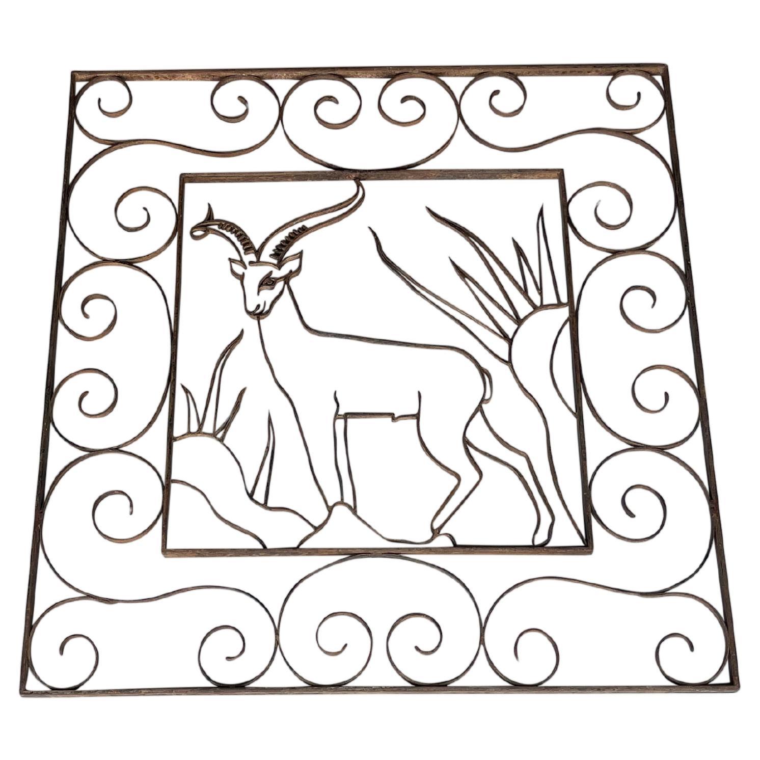 Rare Art Deco Forged Iron Capricorn Wall Panel, France For Sale