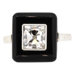 Antique Art Deco French Cut Diamond Onyx Platinum Ring