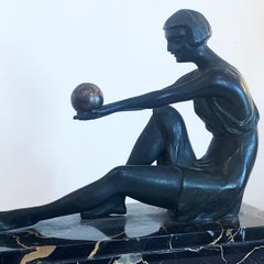 Rare Art Deco French Lamp "the Offering" on Portoro Marble