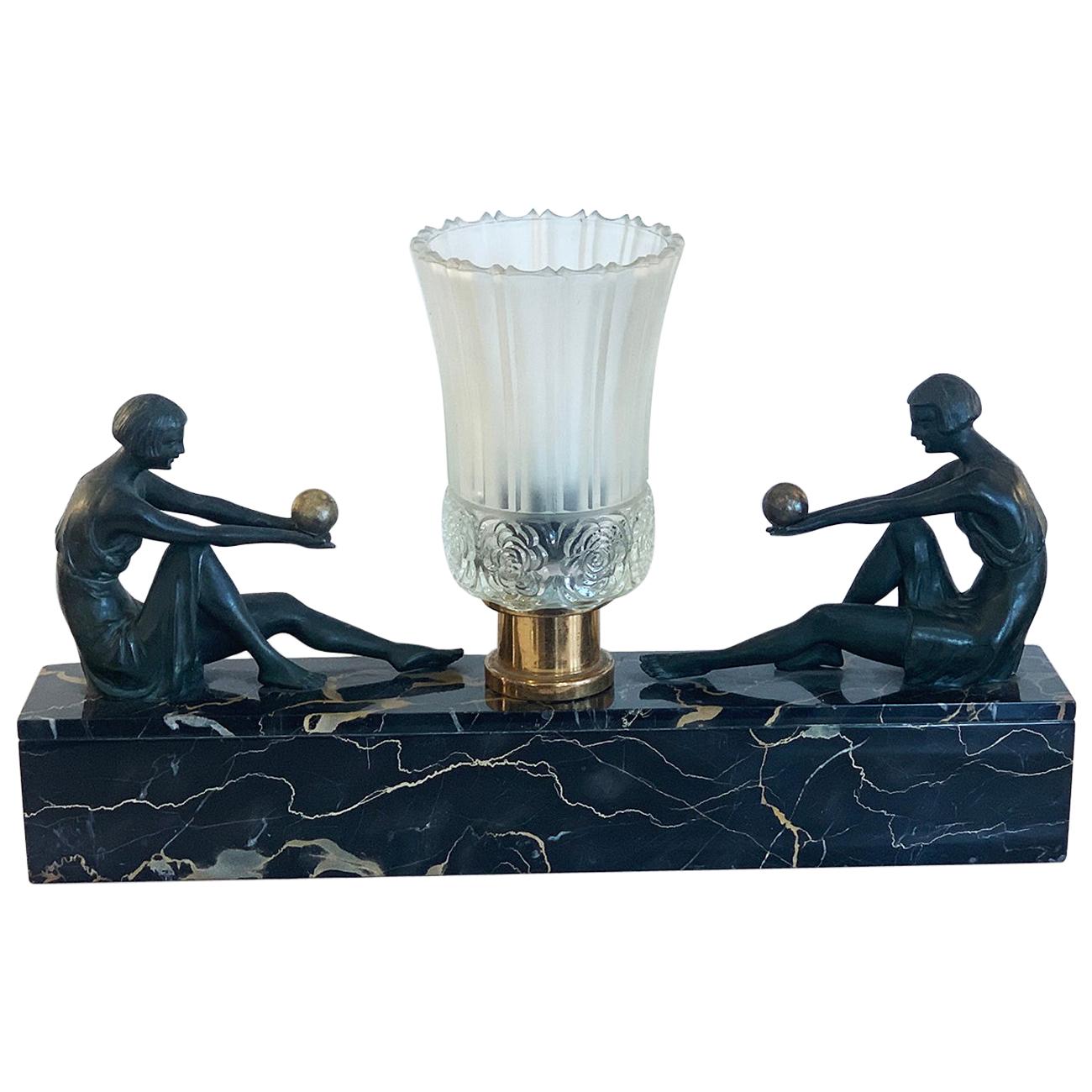 Rare Art Deco French Lamp "the Offering" on Portoro Marble For Sale