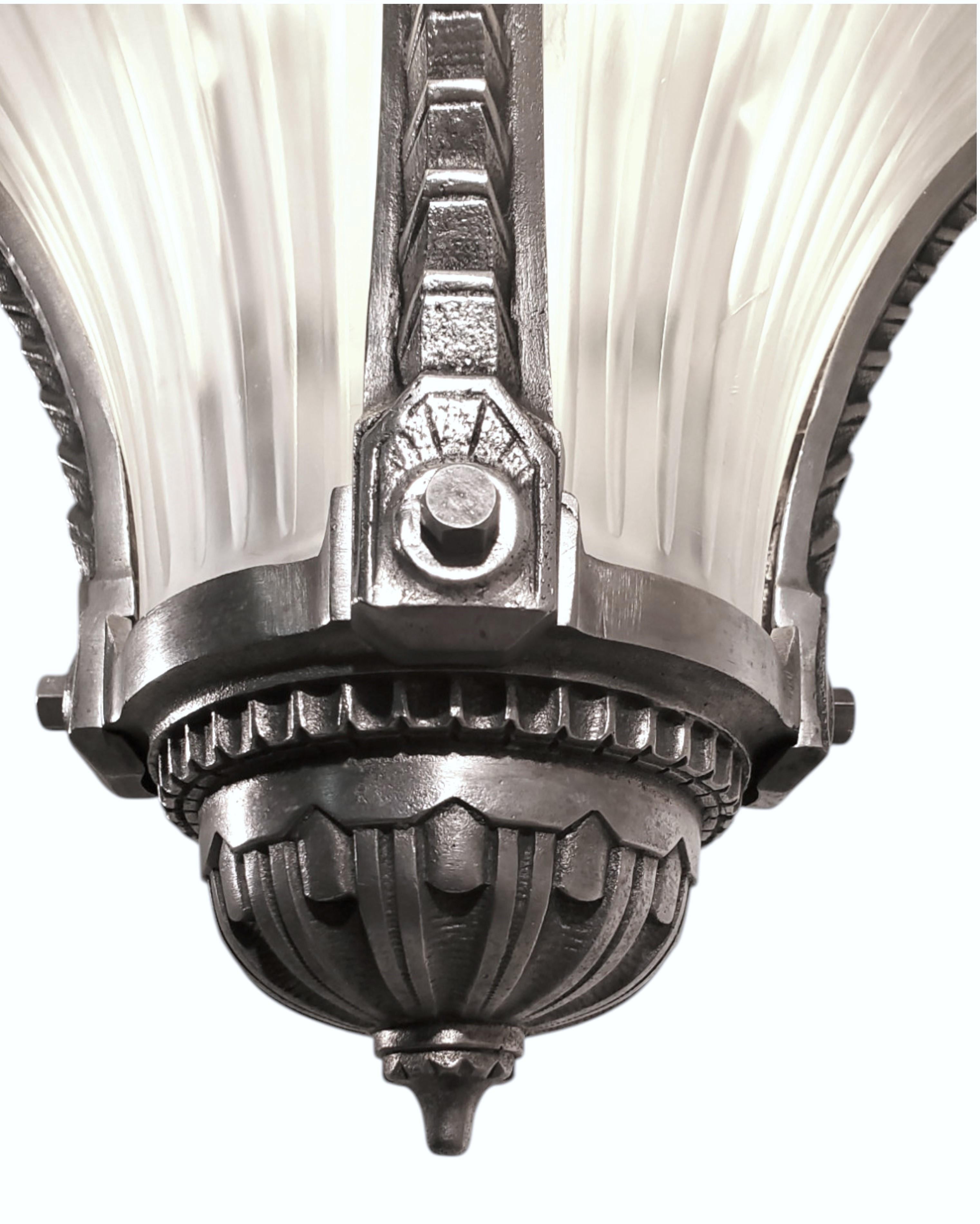 Rare Art Deco frosted art glass plume chandelier w/ nickeled bronze frame For Sale 4