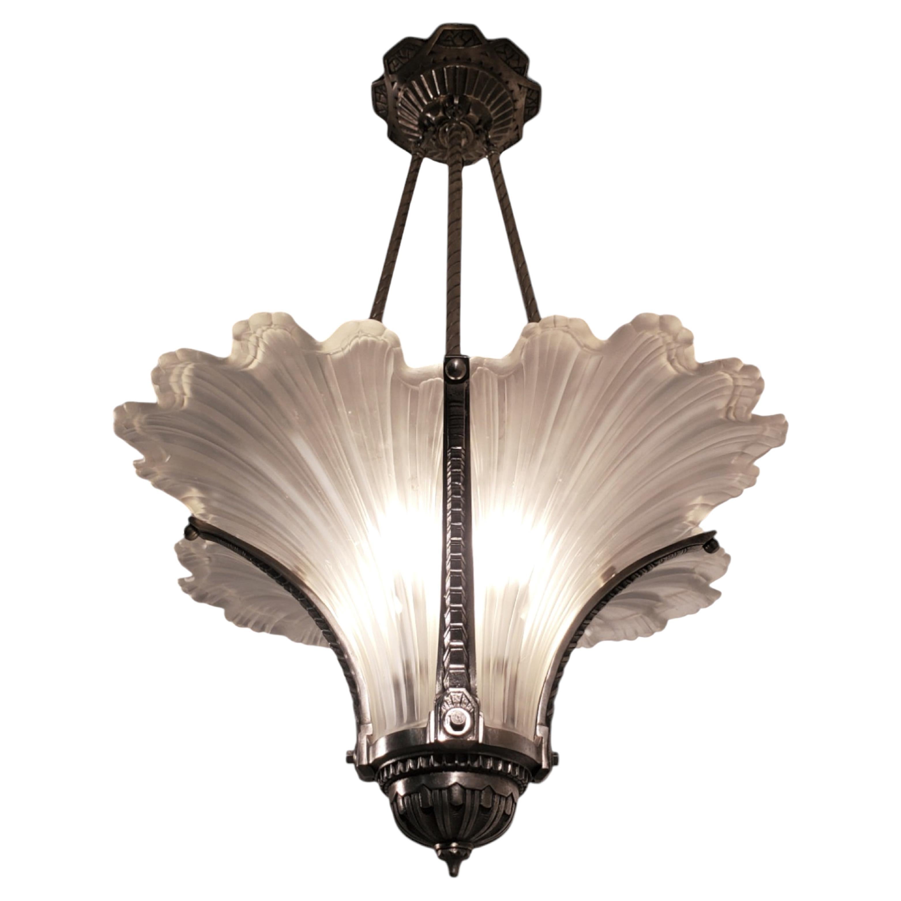 Rare Art Deco frosted art glass plume chandelier w/ nickeled bronze frame For Sale 8