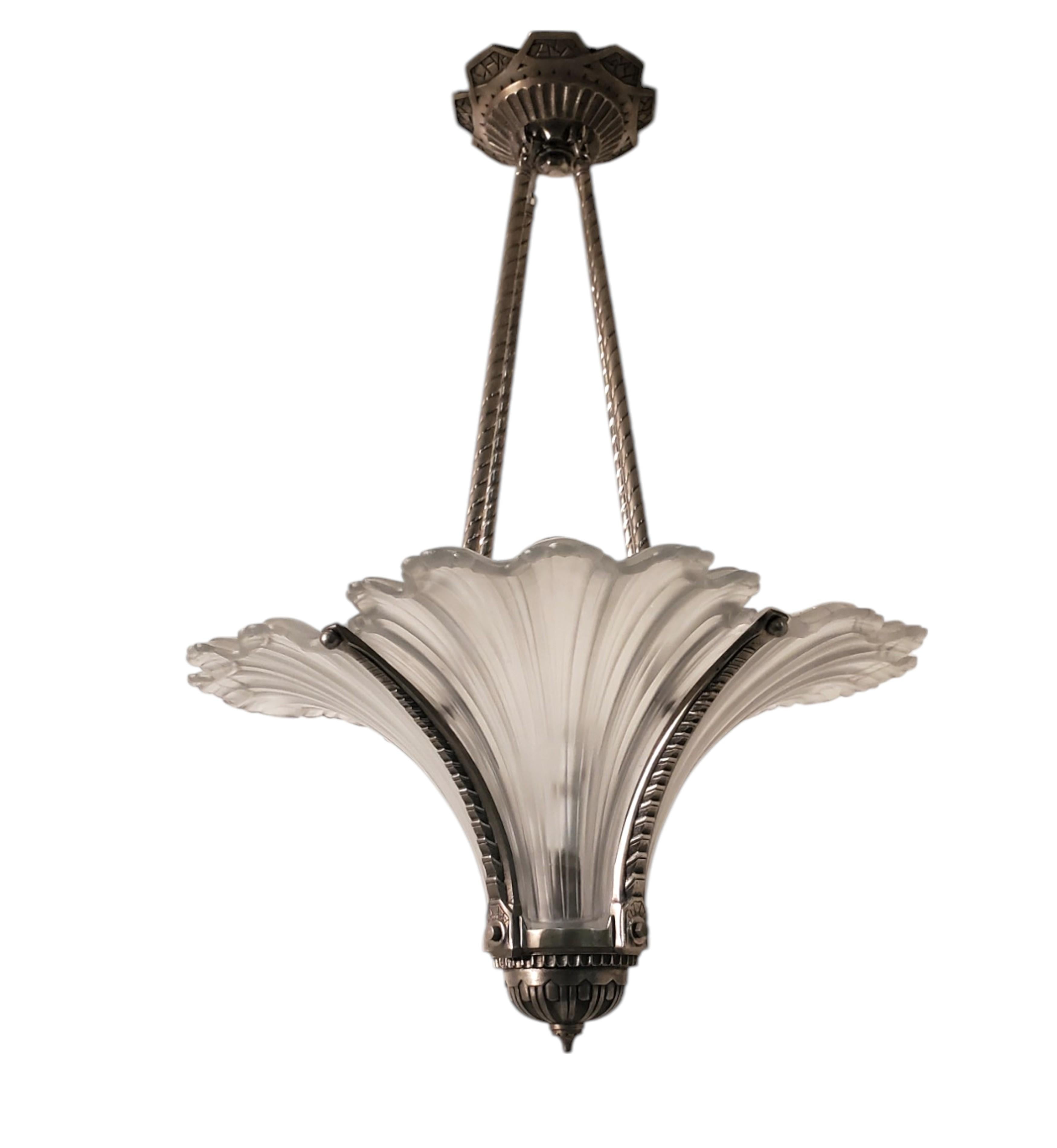 Rare Art Deco frosted art glass plume chandelier w/ nickeled bronze frame For Sale 9