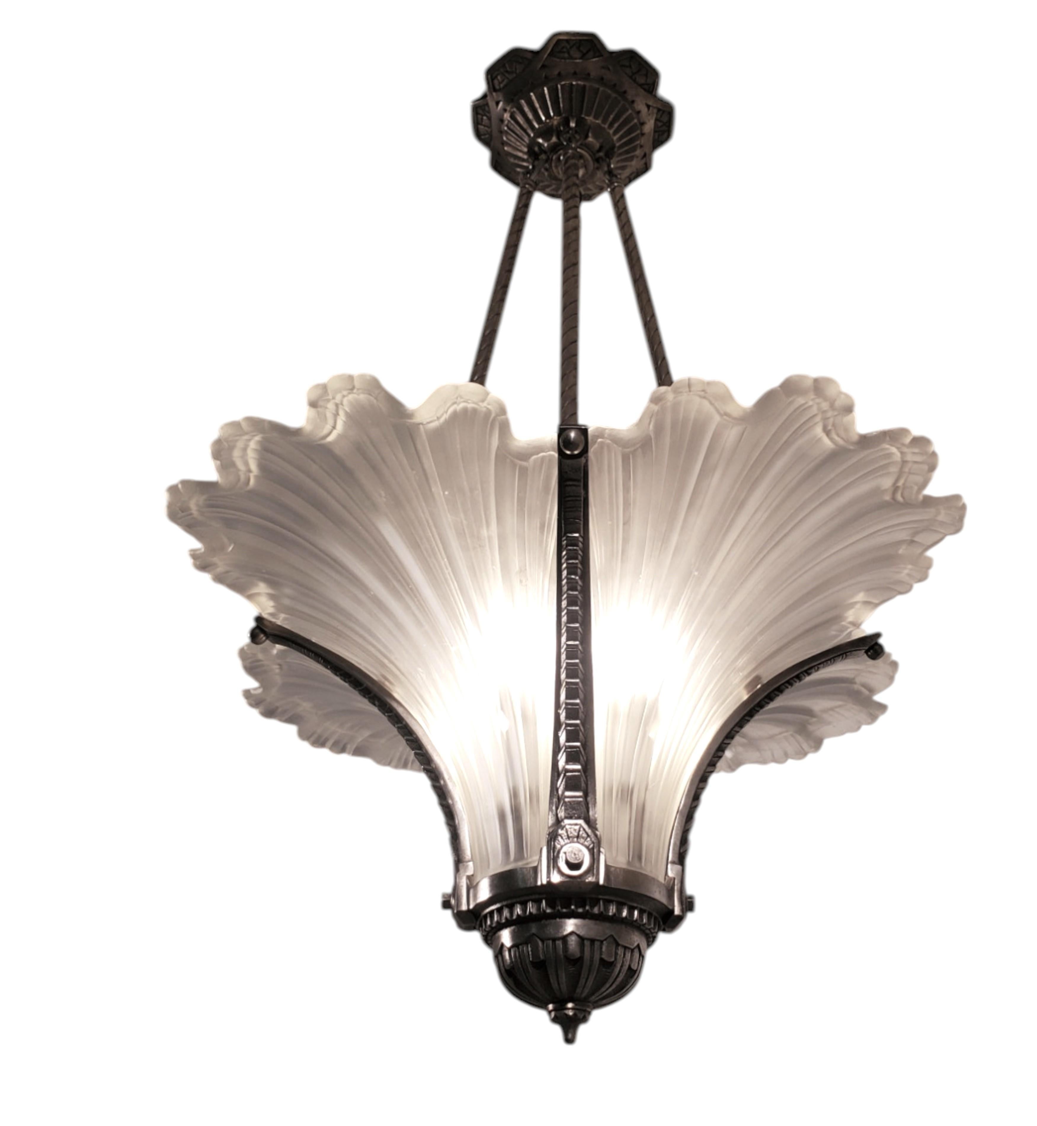 Rare Art Deco frosted art glass plume chandelier w/ nickeled bronze frame For Sale 10