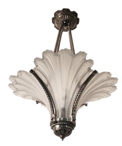 Rare Art Deco frosted art glass plume chandelier w/ nickeled bronze frame