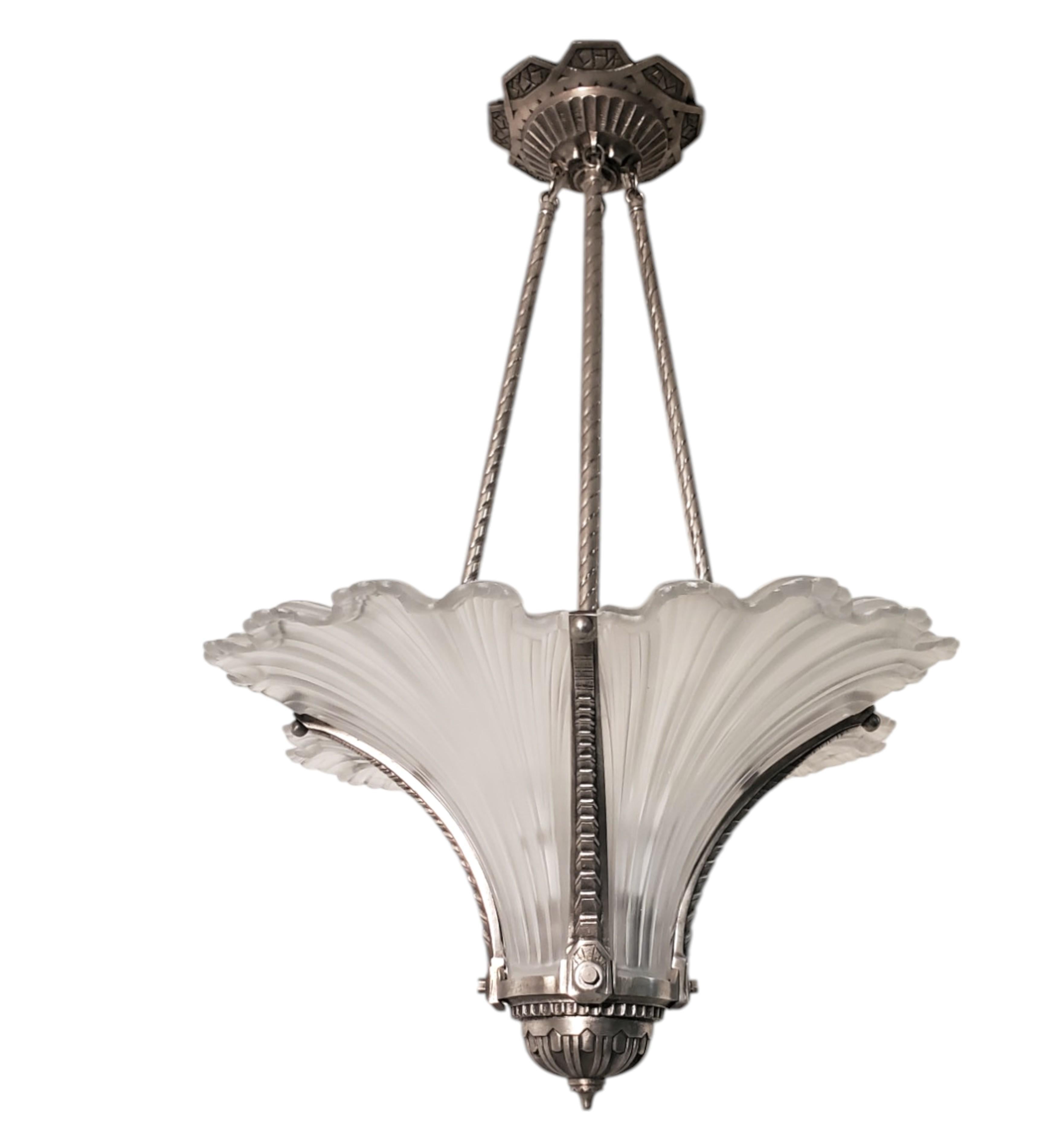 European Rare Art Deco frosted art glass plume chandelier w/ nickeled bronze frame For Sale