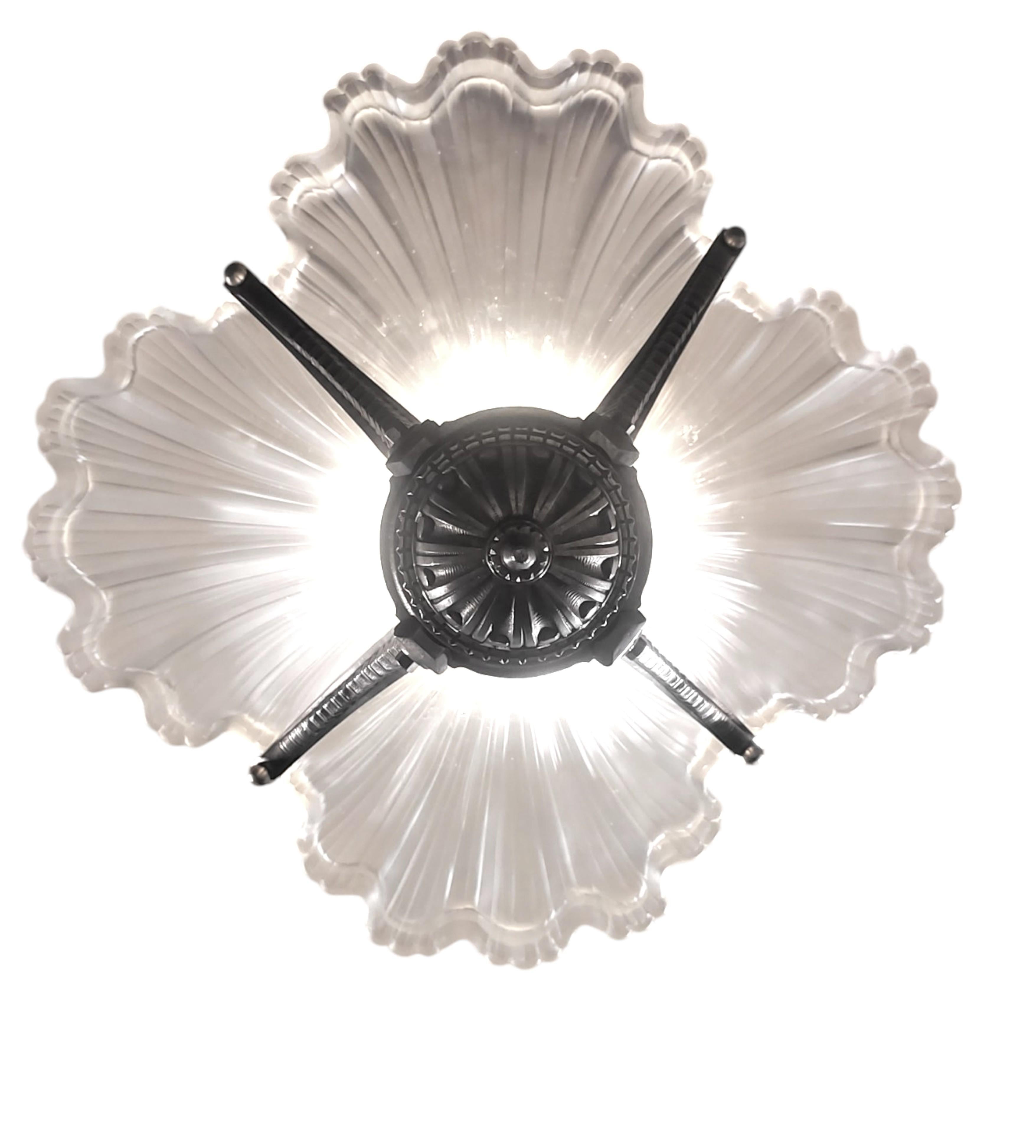20th Century Rare Art Deco frosted art glass plume chandelier w/ nickeled bronze frame For Sale