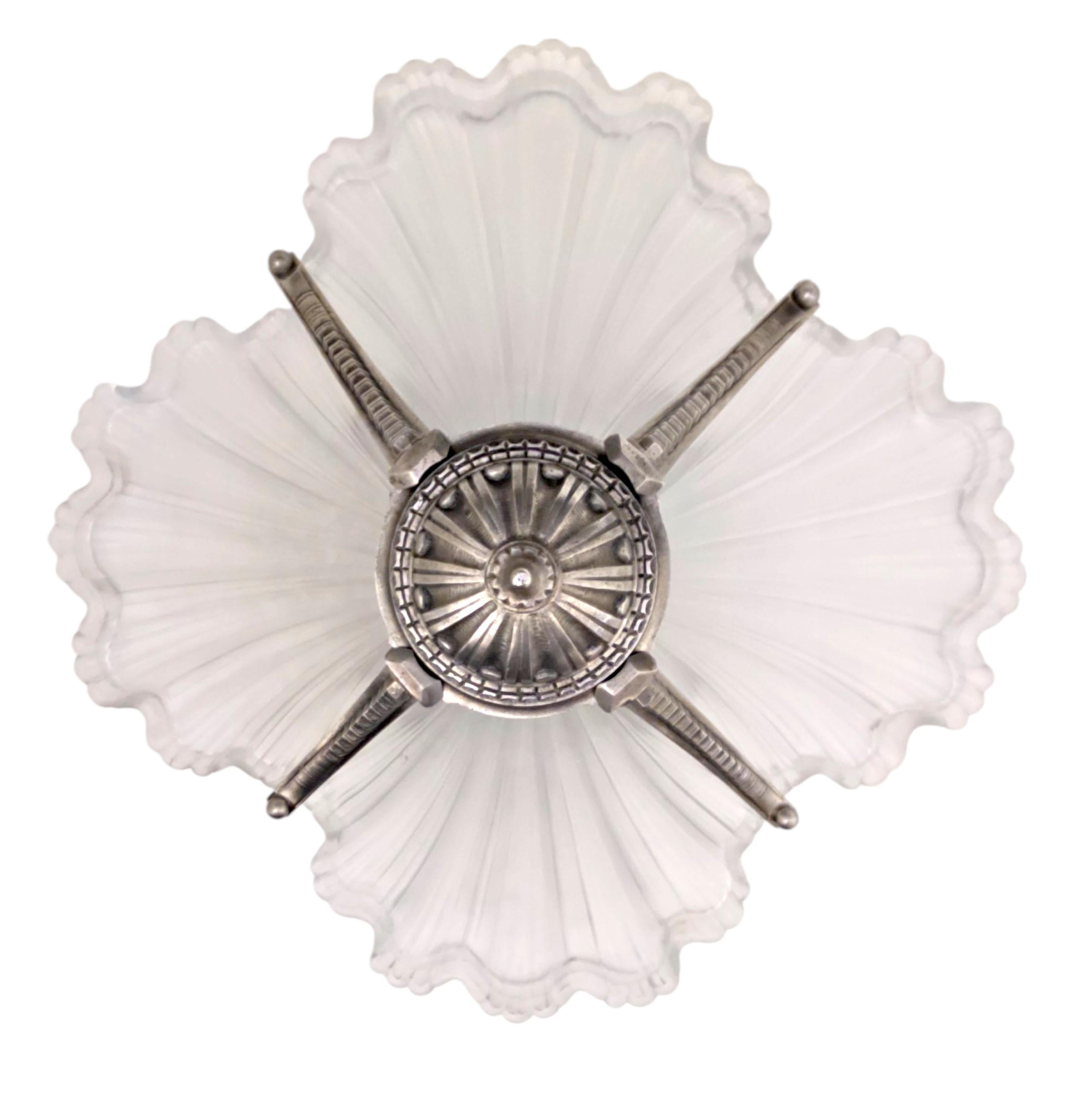 Bronze Rare Art Deco frosted art glass plume chandelier w/ nickeled bronze frame For Sale