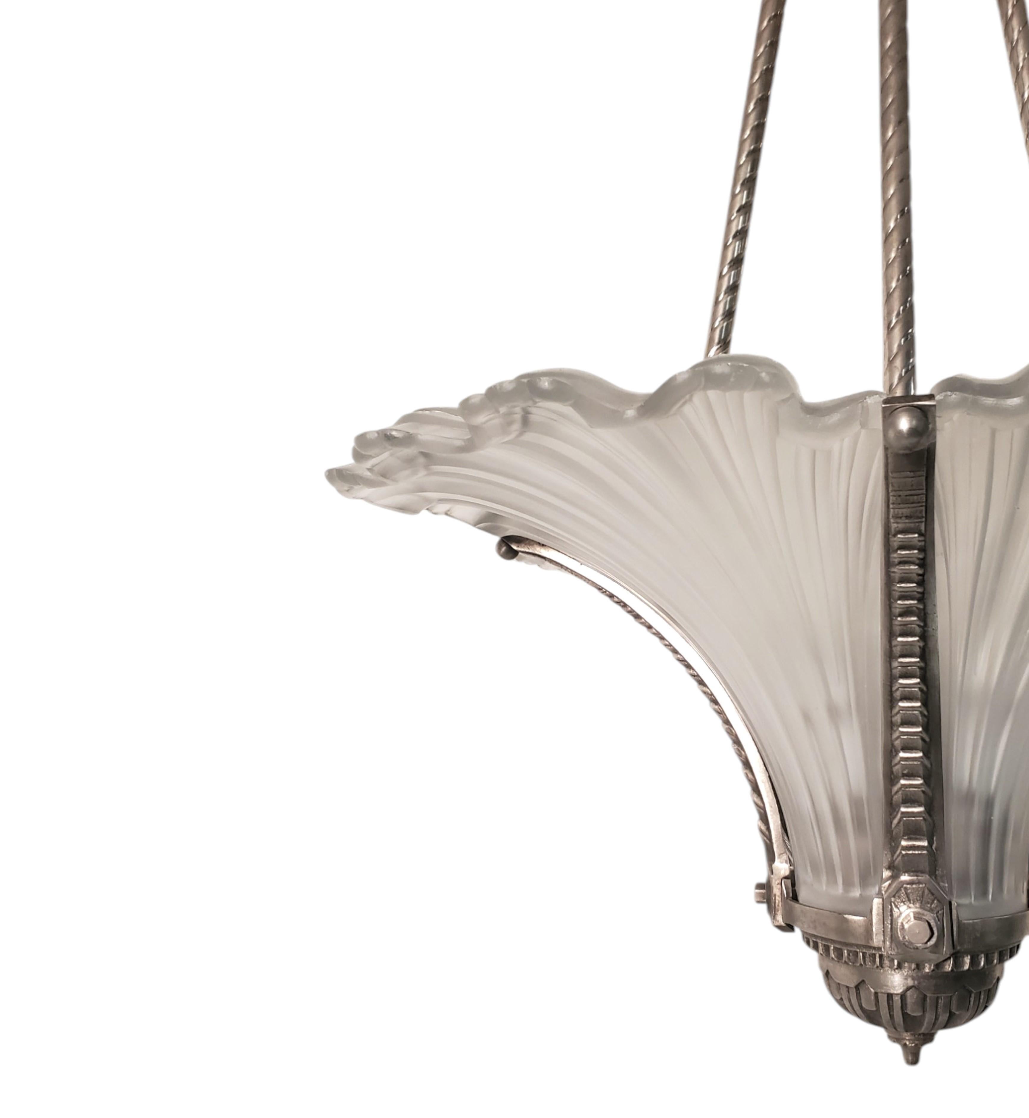 Rare Art Deco frosted art glass plume chandelier w/ nickeled bronze frame For Sale 2