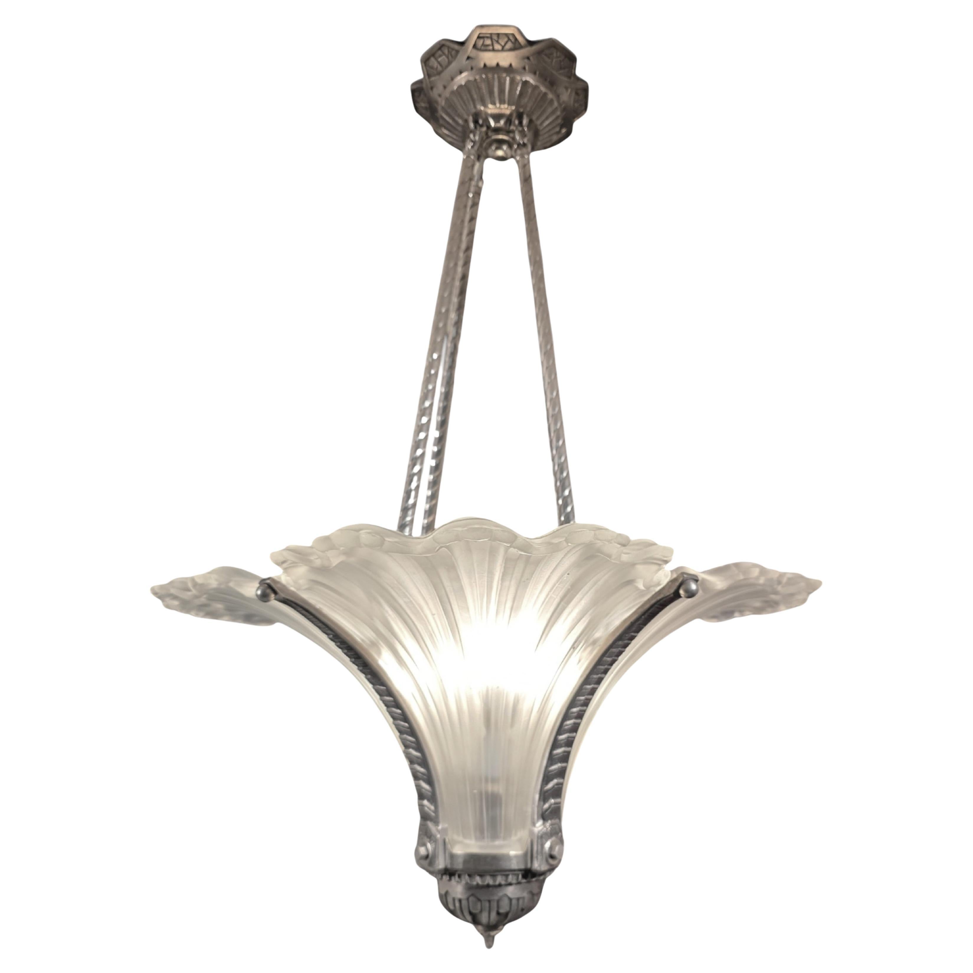 Rare Art Deco frosted art glass plume chandelier w/ nickeled bronze frame