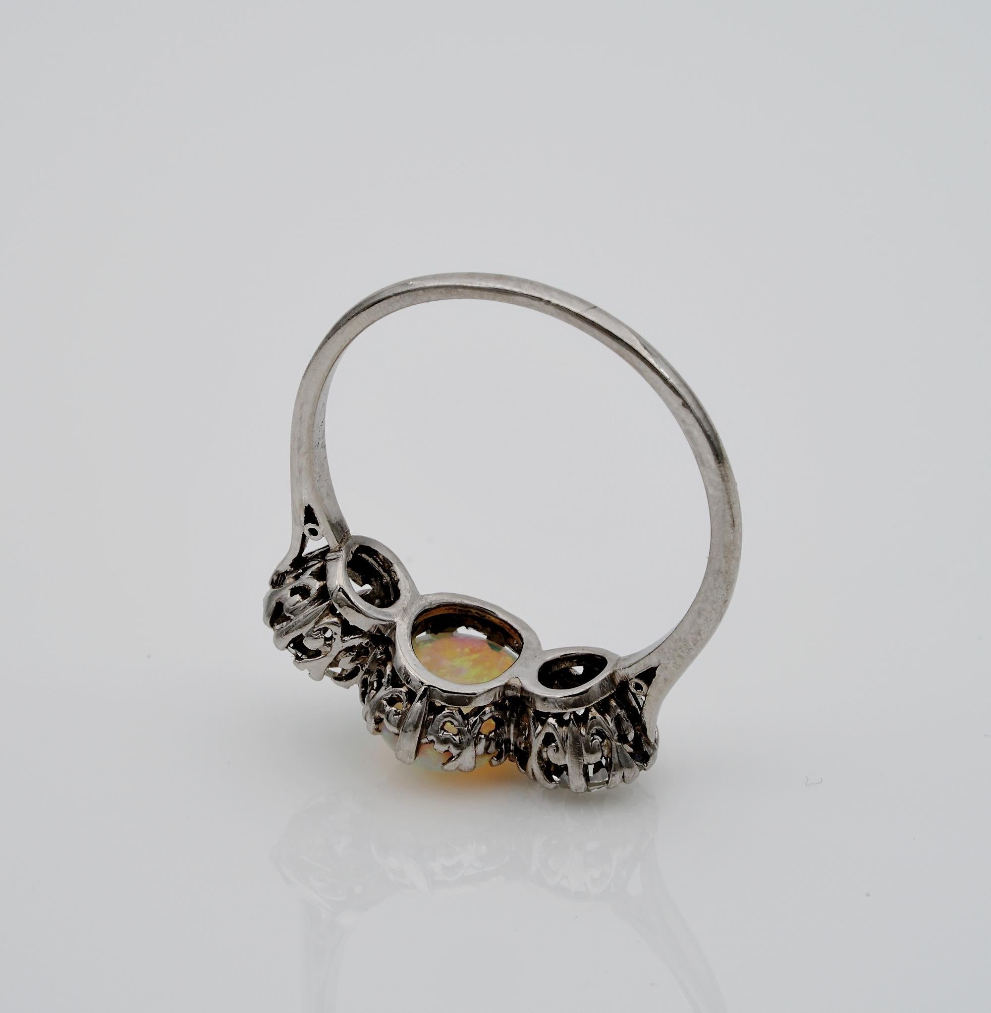 Women's Rare Art Deco G VVS 1.65 Carat Diamond 1.25 Carat Opal Platinum Trilogy Ring